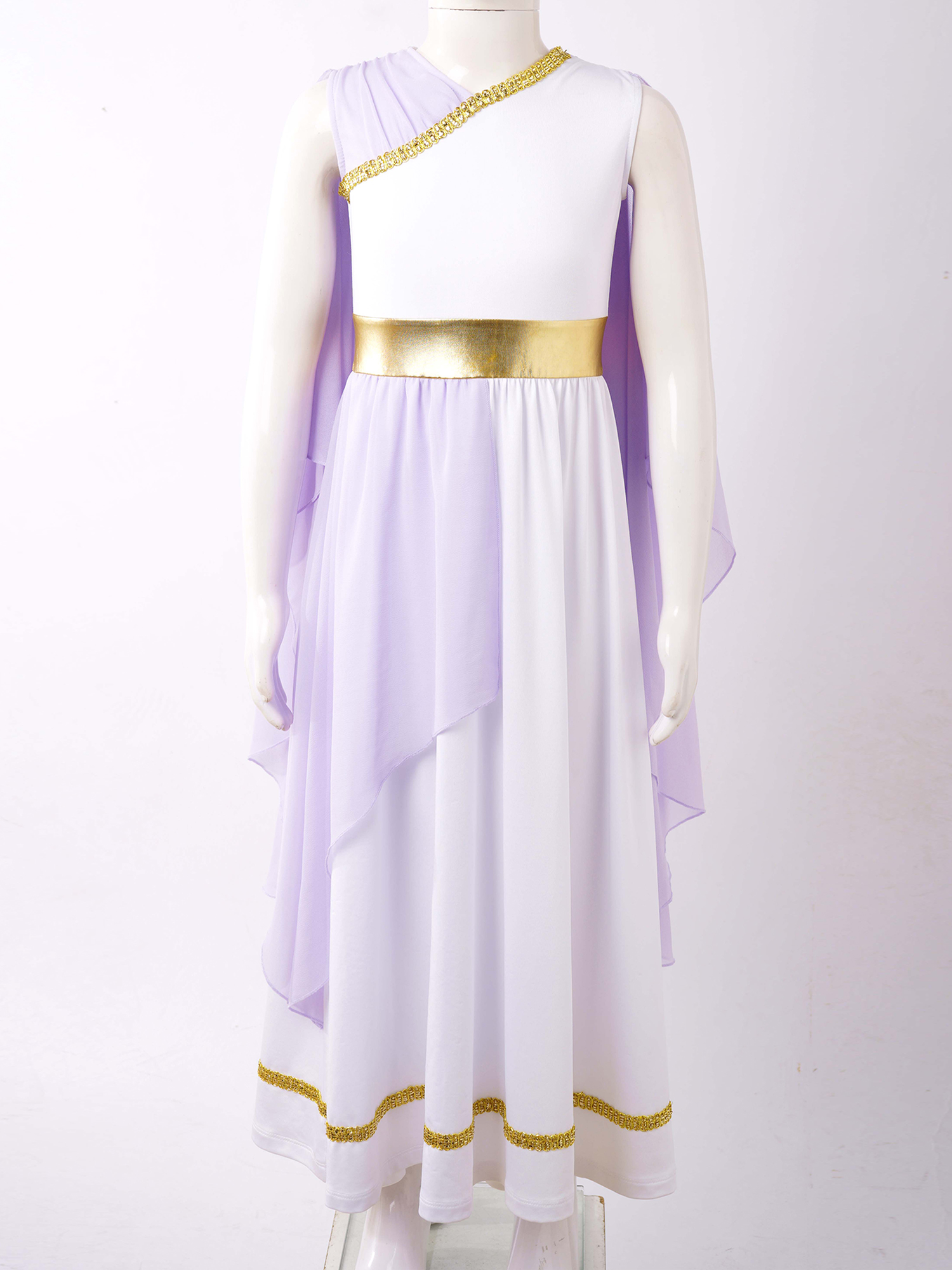 Kids Girls Roman Ancient Greek Godess Toga Costume Athena Cosplay Princess Robe Dress with Flowy Tulle Shawls Headwear Outfits
