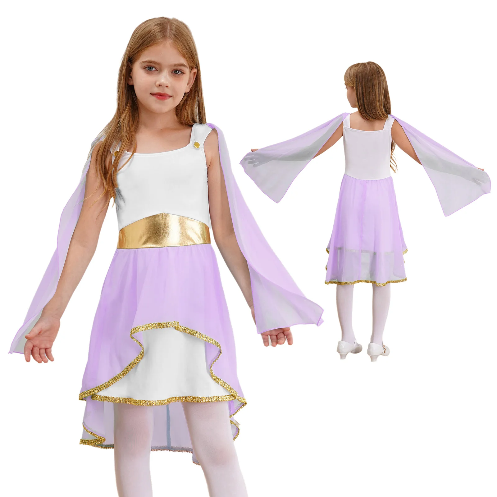 Kids Girls Roman Ancient Greek Godess Toga Costume Athena Cosplay Princess Robe Dress with Flowy Tulle Shawls Headwear Outfits