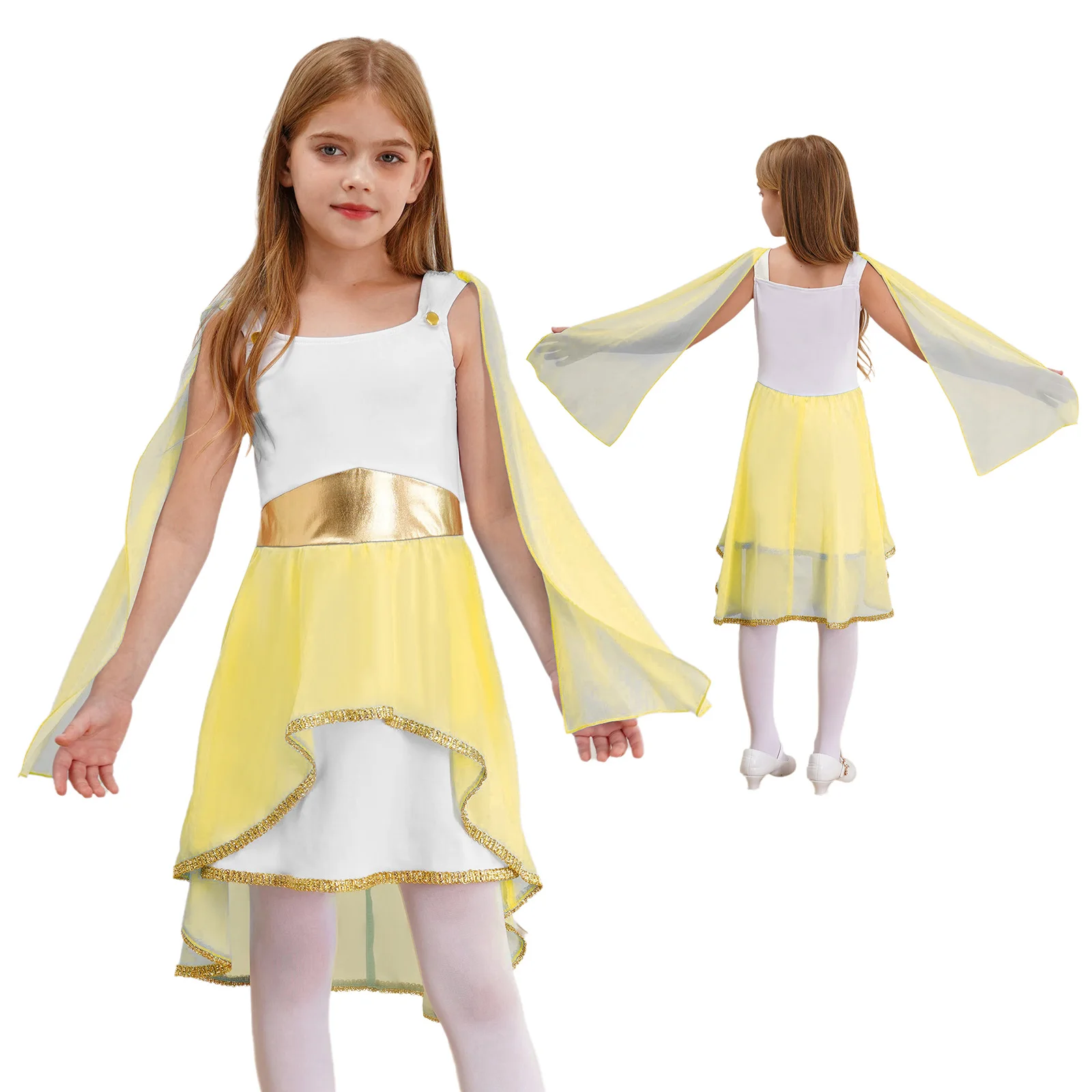 Kids Girls Roman Ancient Greek Godess Toga Costume Athena Cosplay Princess Robe Dress with Flowy Tulle Shawls Headwear Outfits