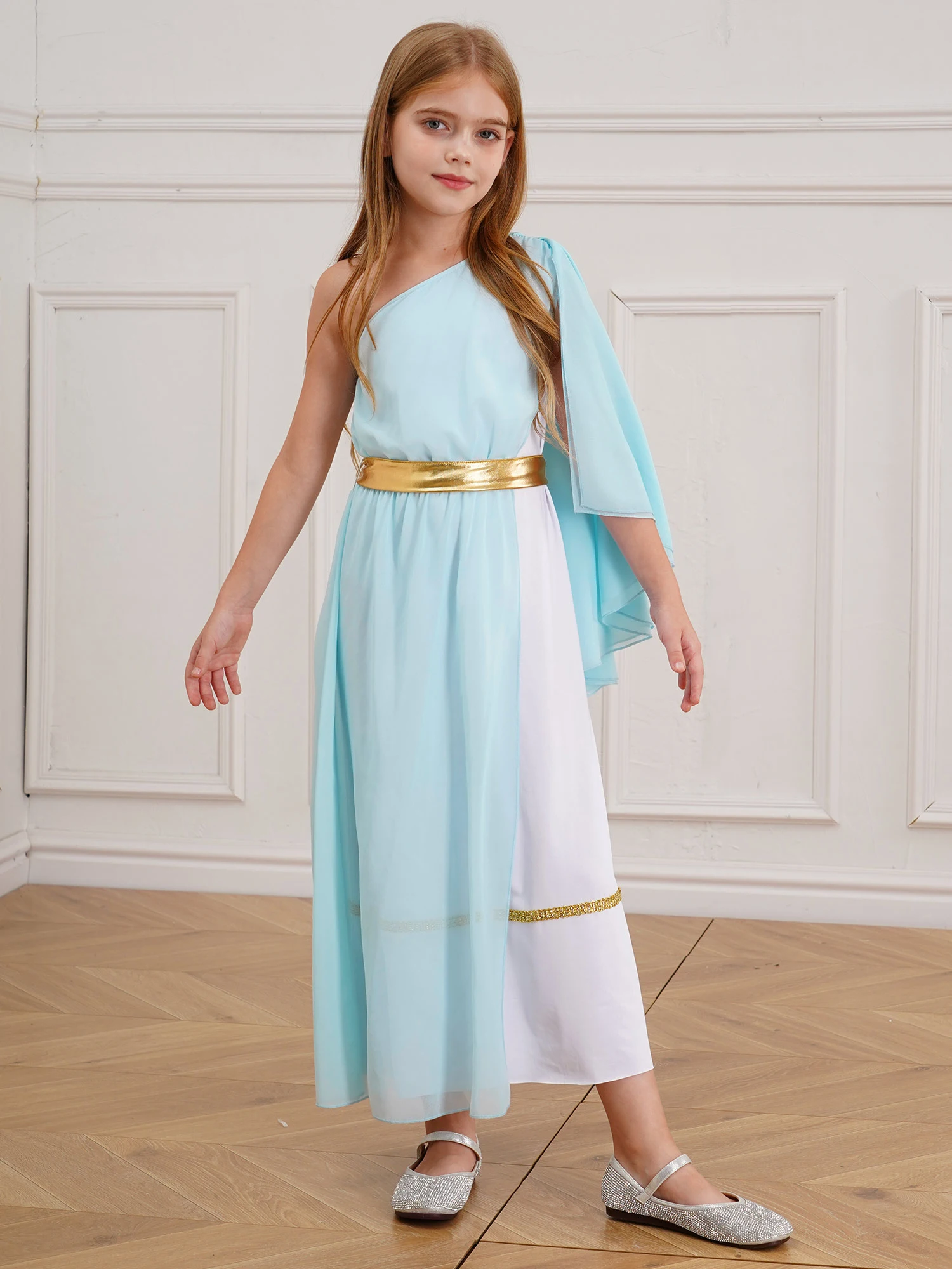 Kids Girls Roman Ancient Greek Godess Toga Costume Athena Cosplay Princess Robe Dress with Flowy Tulle Shawls Headwear Outfits