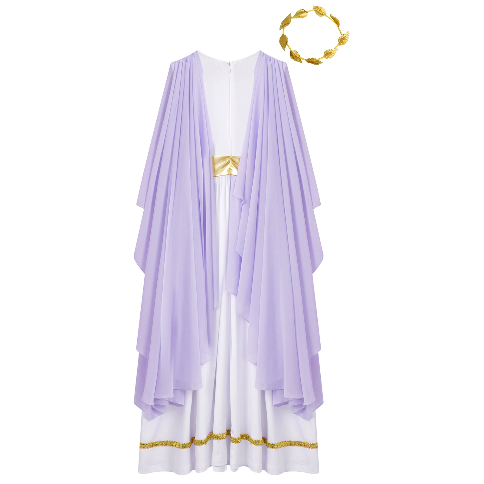 Kids Girls Roman Ancient Greek Godess Toga Costume Athena Cosplay Princess Robe Dress with Flowy Tulle Shawls Headwear Outfits