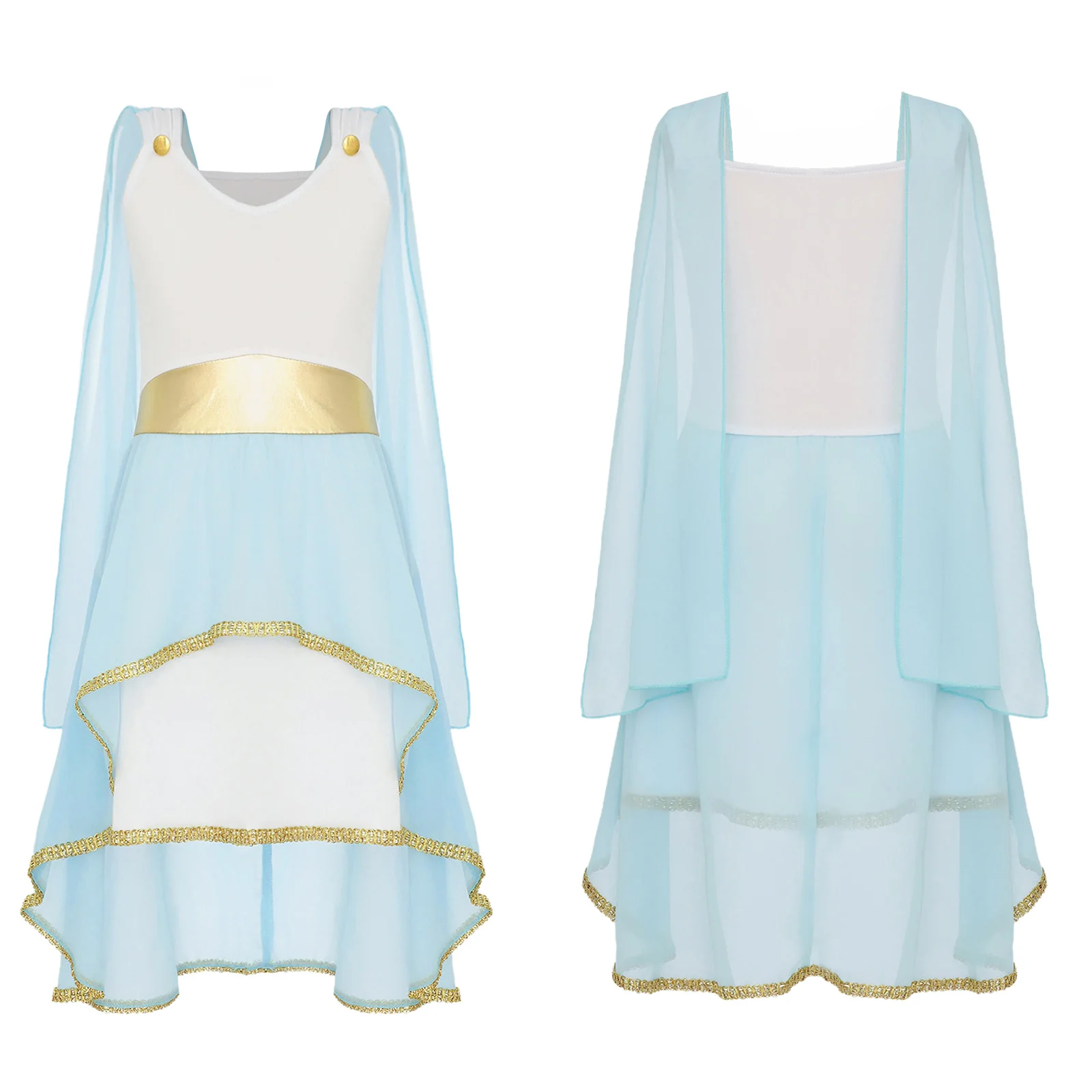 Kids Girls Roman Ancient Greek Godess Toga Costume Athena Cosplay Princess Robe Dress with Flowy Tulle Shawls Headwear Outfits