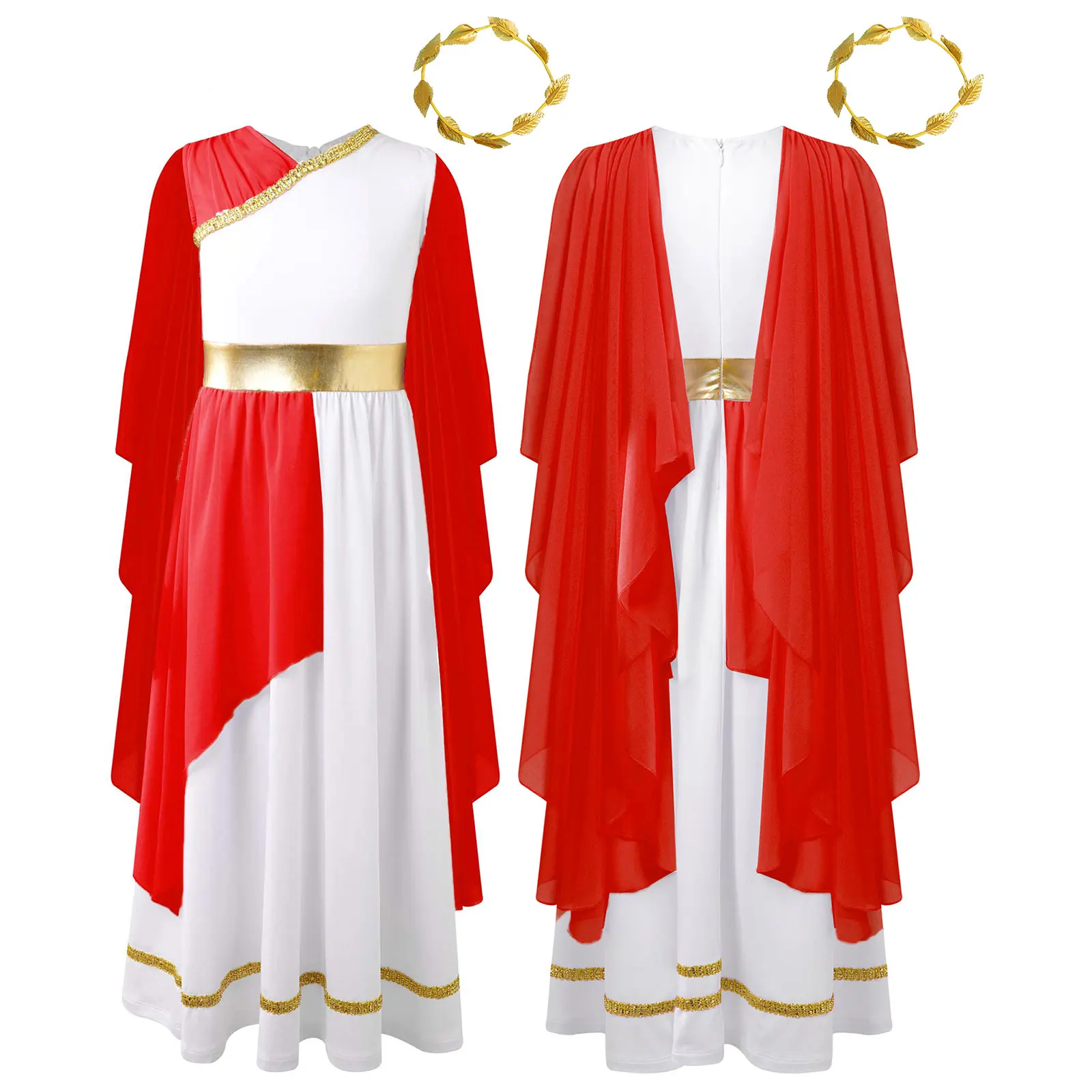Kids Girls Roman Ancient Greek Godess Toga Costume Athena Cosplay Princess Robe Dress with Flowy Tulle Shawls Headwear Outfits