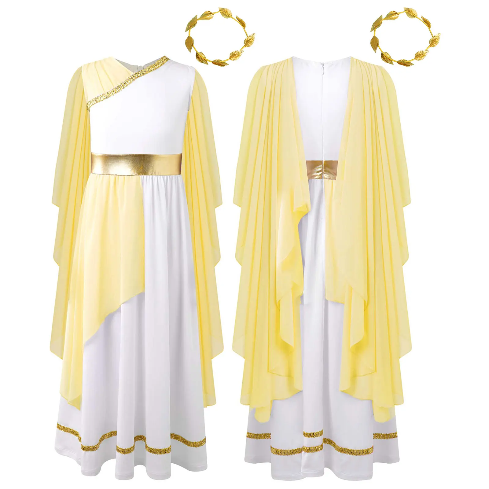 Kids Girls Roman Ancient Greek Godess Toga Costume Athena Cosplay Princess Robe Dress with Flowy Tulle Shawls Headwear Outfits