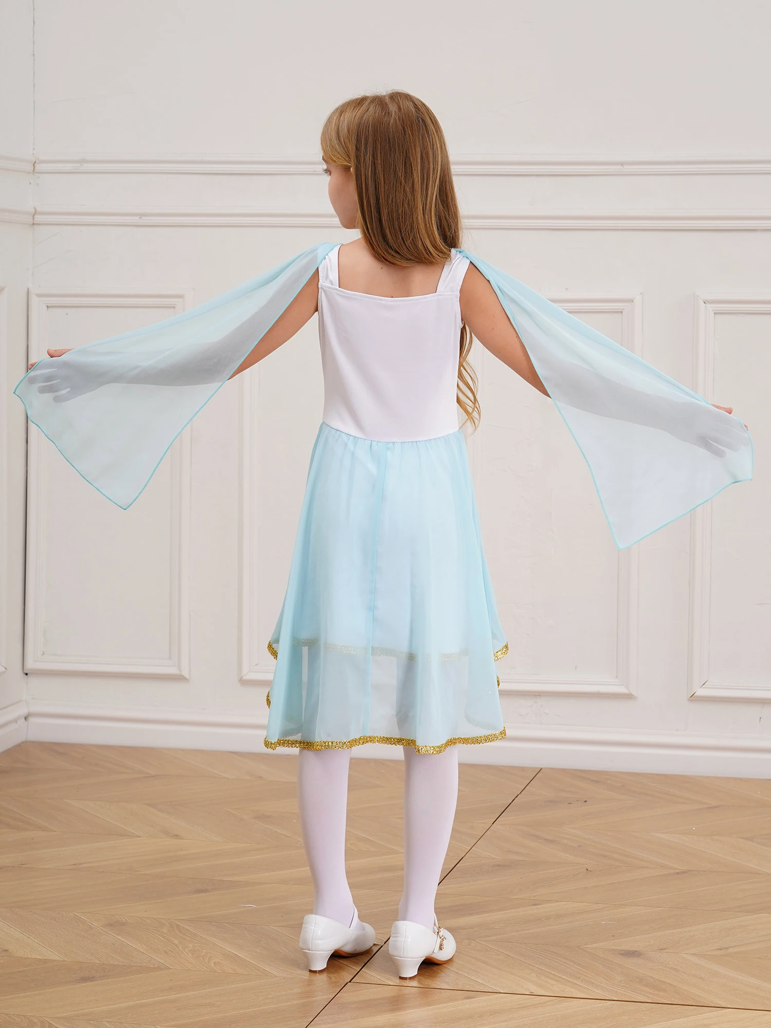Kids Girls Roman Ancient Greek Godess Toga Costume Athena Cosplay Princess Robe Dress with Flowy Tulle Shawls Headwear Outfits