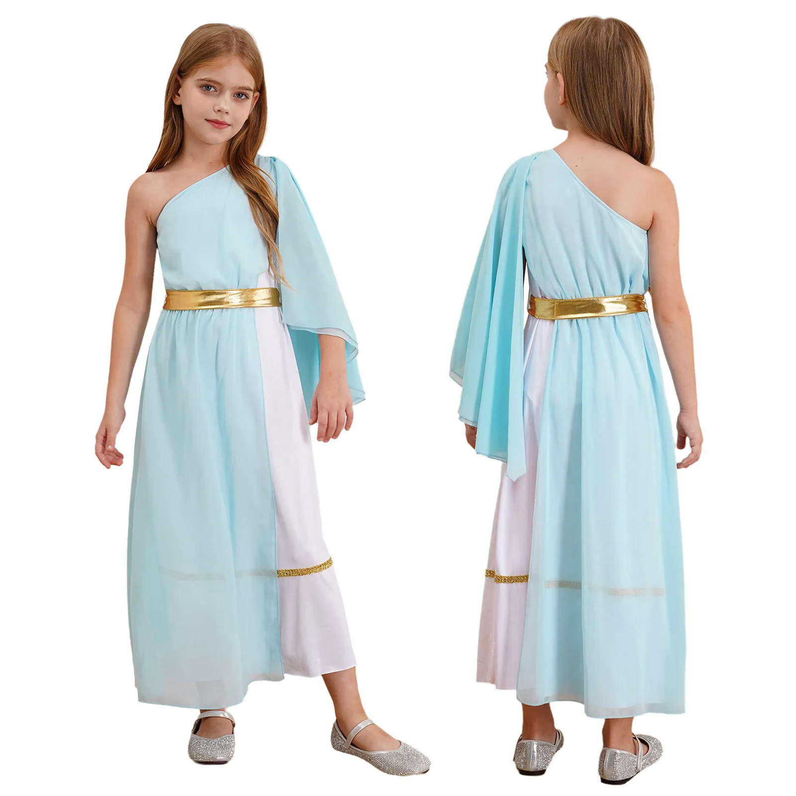 Kids Girls Roman Ancient Greek Godess Toga Costume Athena Cosplay Princess Robe Dress with Flowy Tulle Shawls Headwear Outfits