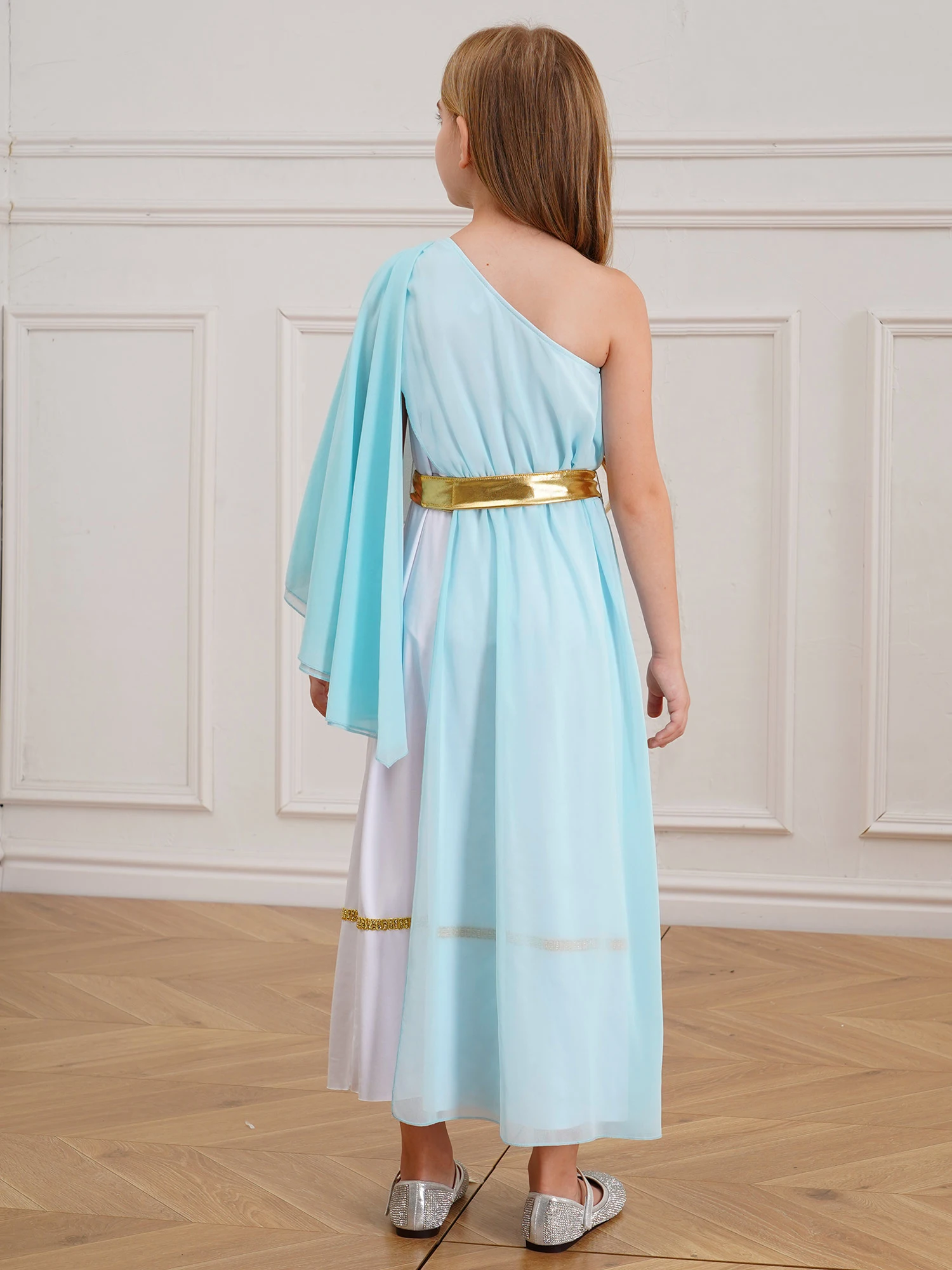 Kids Girls Roman Ancient Greek Godess Toga Costume Athena Cosplay Princess Robe Dress with Flowy Tulle Shawls Headwear Outfits