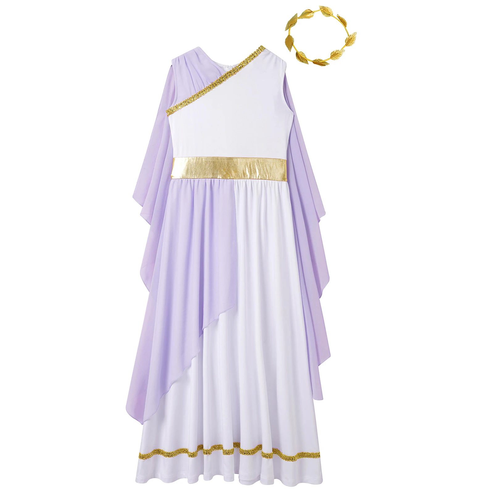 Kids Girls Roman Ancient Greek Godess Toga Costume Athena Cosplay Princess Robe Dress with Flowy Tulle Shawls Headwear Outfits