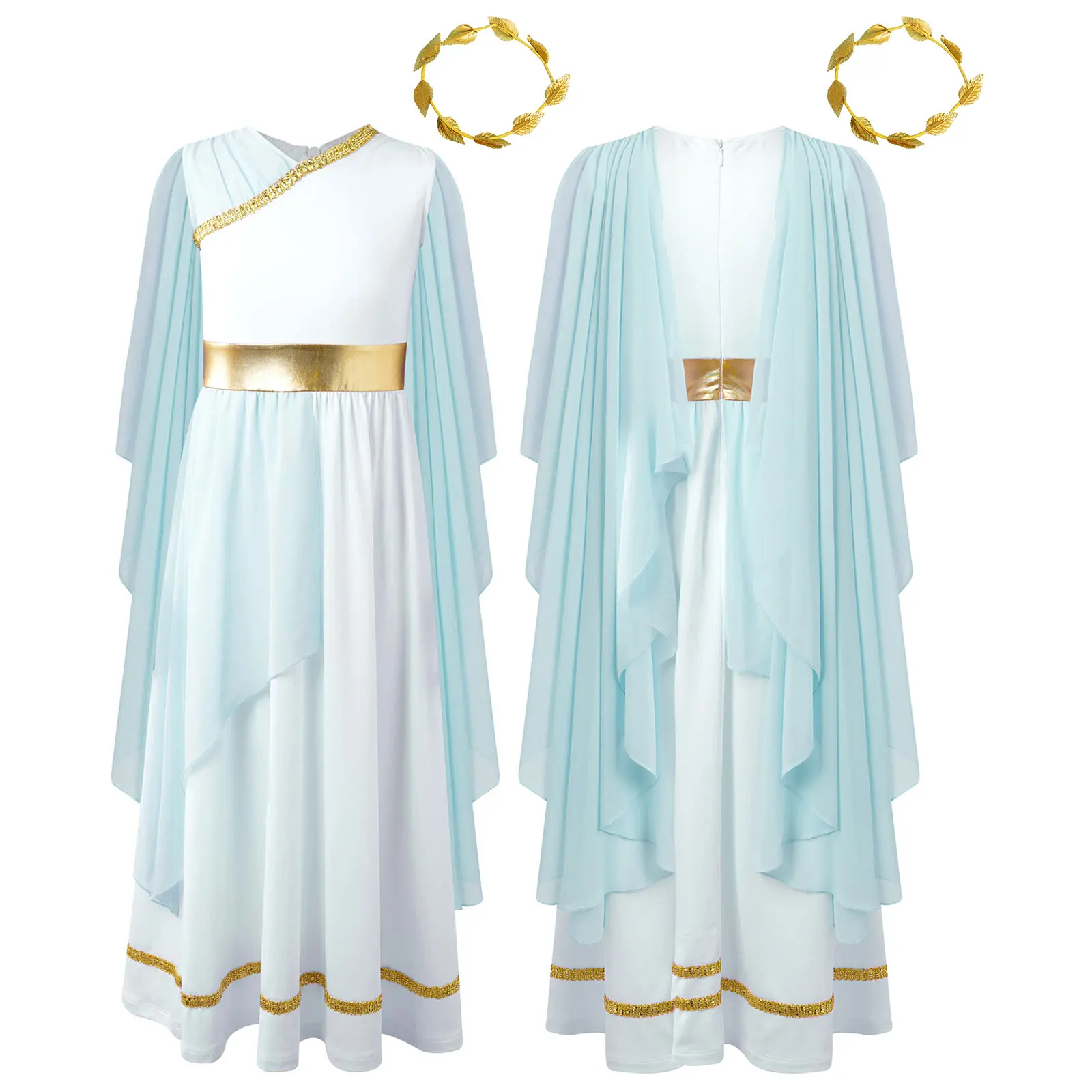 Kids Girls Roman Ancient Greek Godess Toga Costume Athena Cosplay Princess Robe Dress with Flowy Tulle Shawls Headwear Outfits