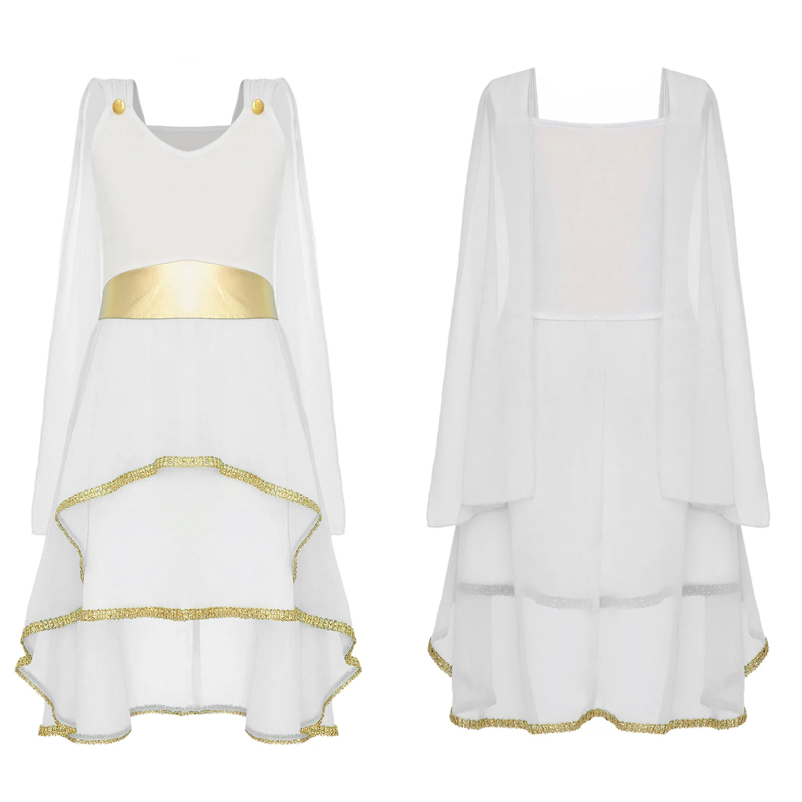 Kids Girls Roman Ancient Greek Godess Toga Costume Athena Cosplay Princess Robe Dress with Flowy Tulle Shawls Headwear Outfits