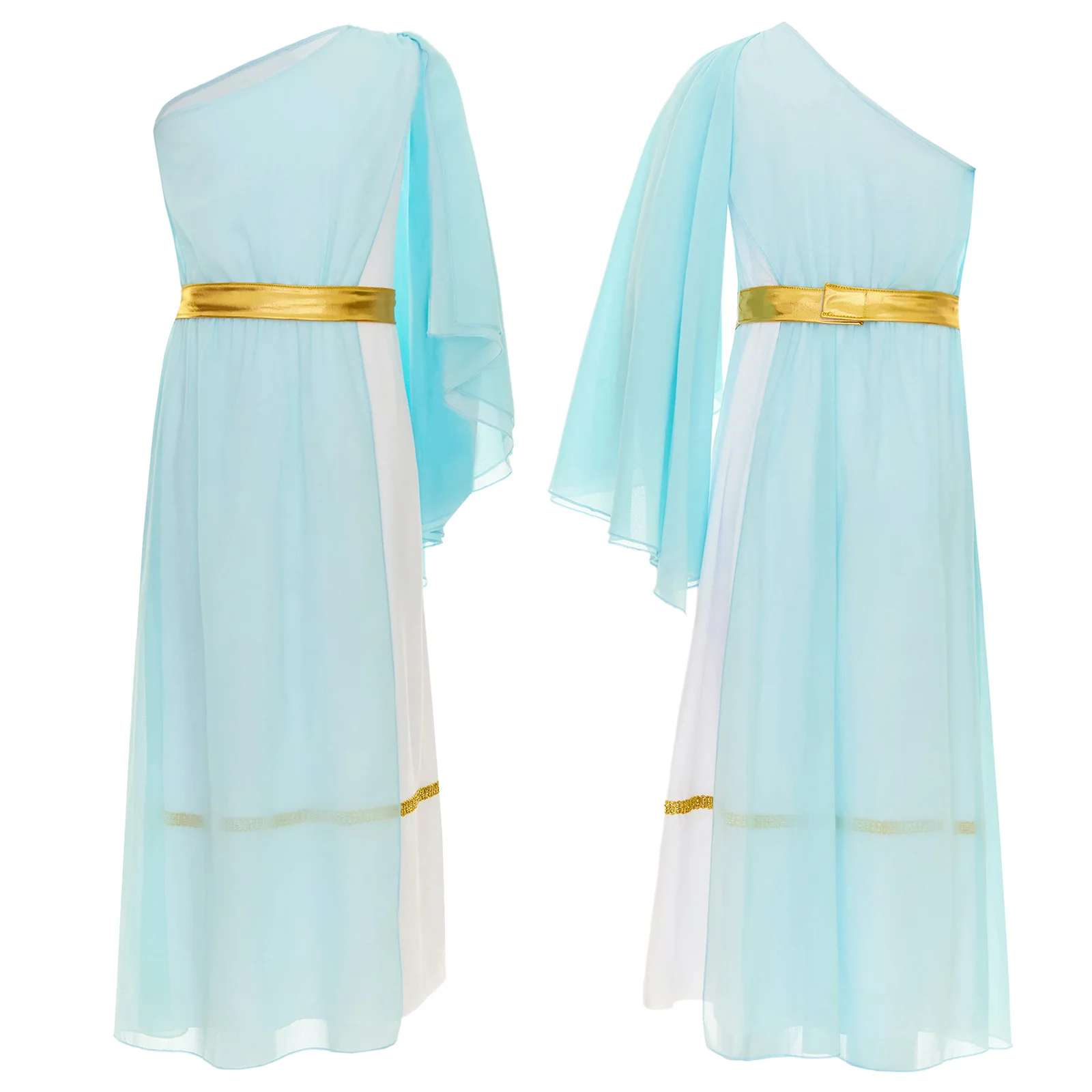 Kids Girls Roman Ancient Greek Godess Toga Costume Athena Cosplay Princess Robe Dress with Flowy Tulle Shawls Headwear Outfits