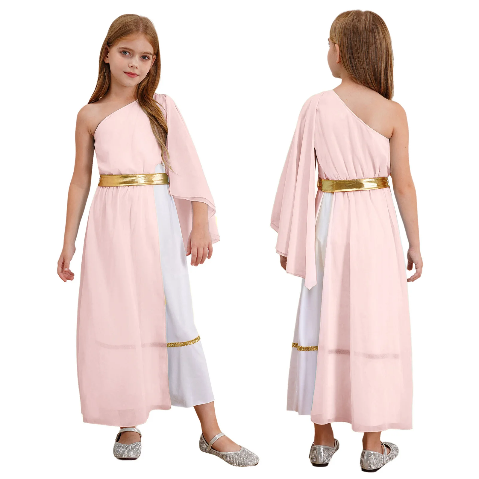 Kids Girls Roman Ancient Greek Godess Toga Costume Athena Cosplay Princess Robe Dress with Flowy Tulle Shawls Headwear Outfits