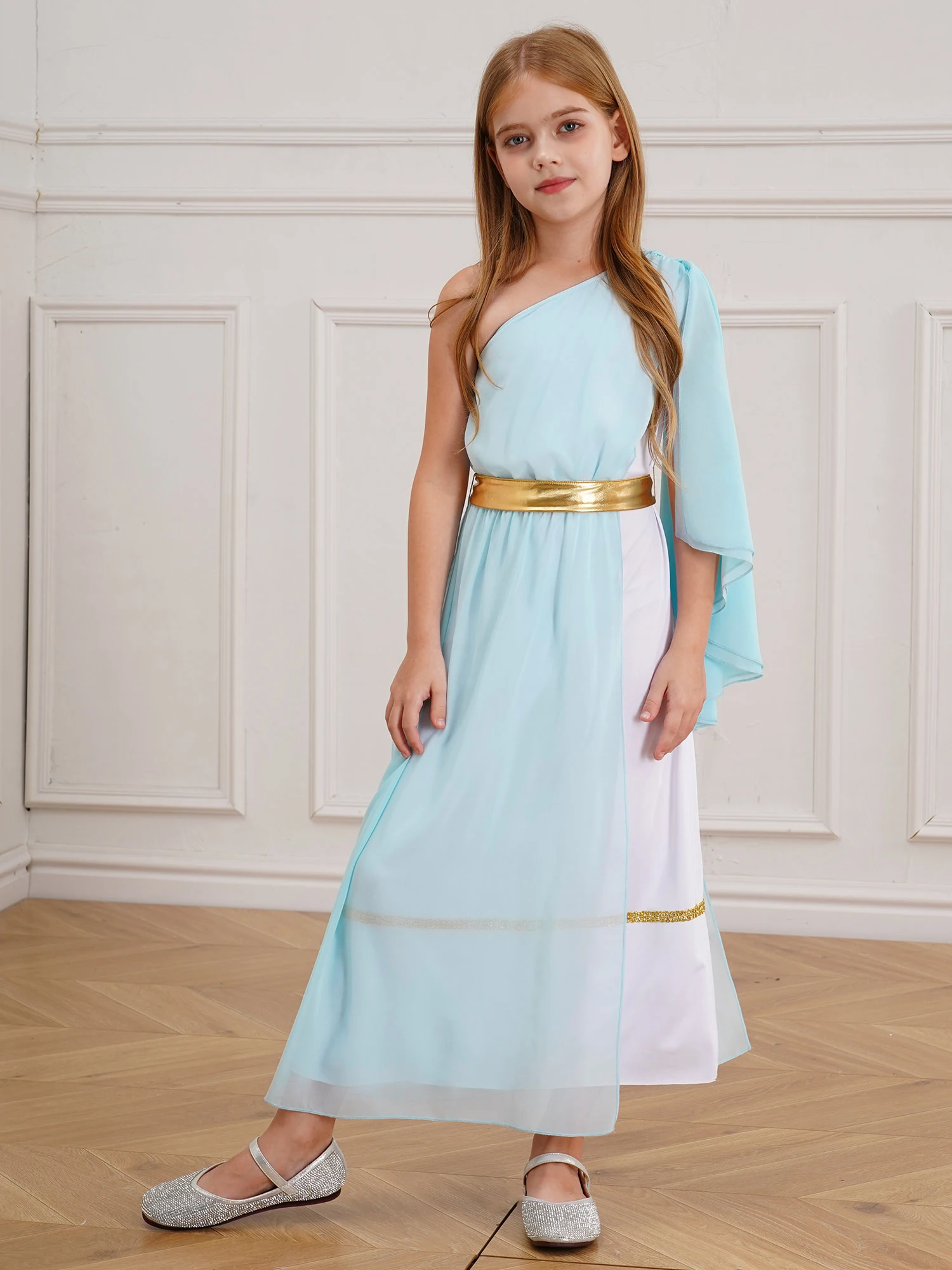 Kids Girls Roman Ancient Greek Godess Toga Costume Athena Cosplay Princess Robe Dress with Flowy Tulle Shawls Headwear Outfits