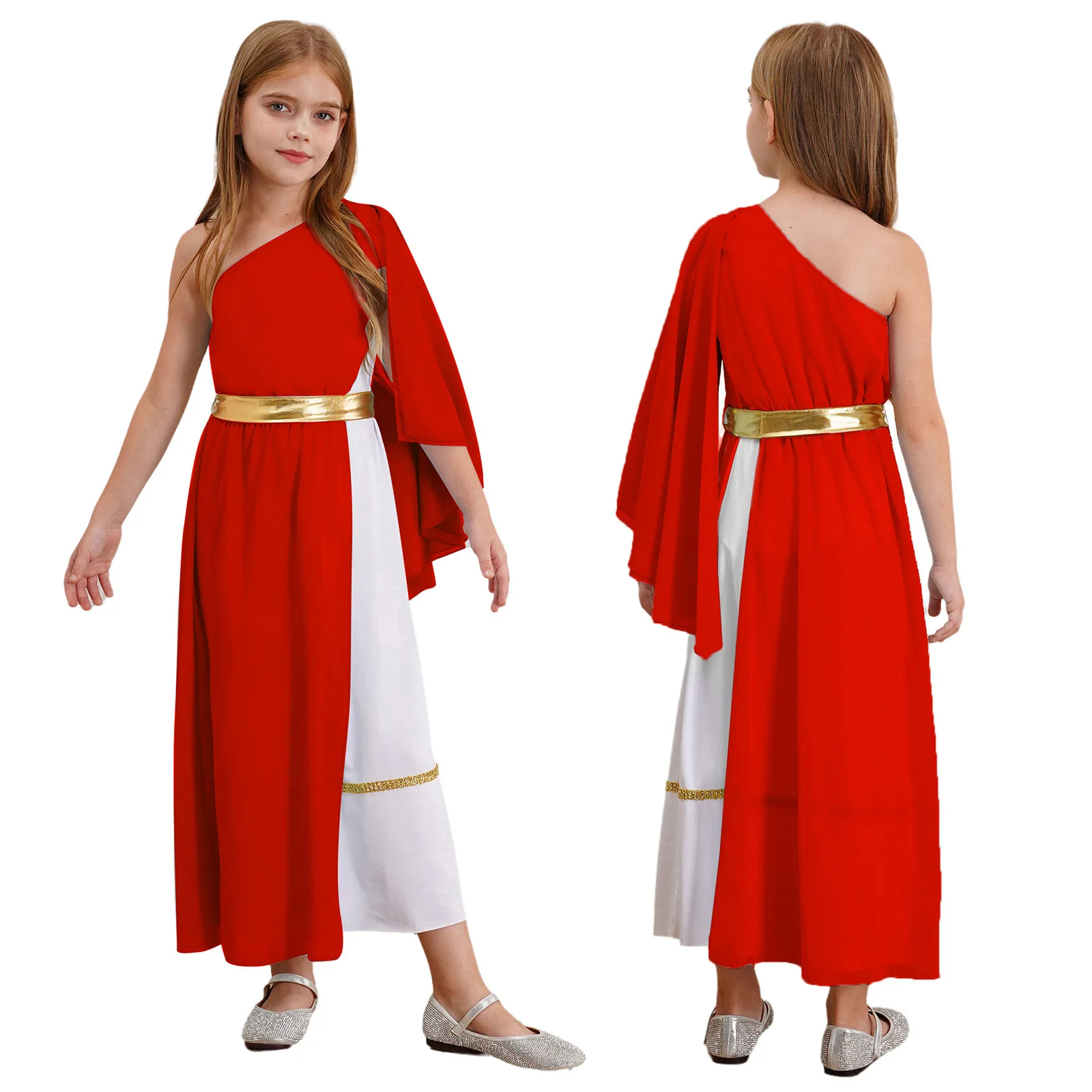 Kids Girls Roman Ancient Greek Godess Toga Costume Athena Cosplay Princess Robe Dress with Flowy Tulle Shawls Headwear Outfits