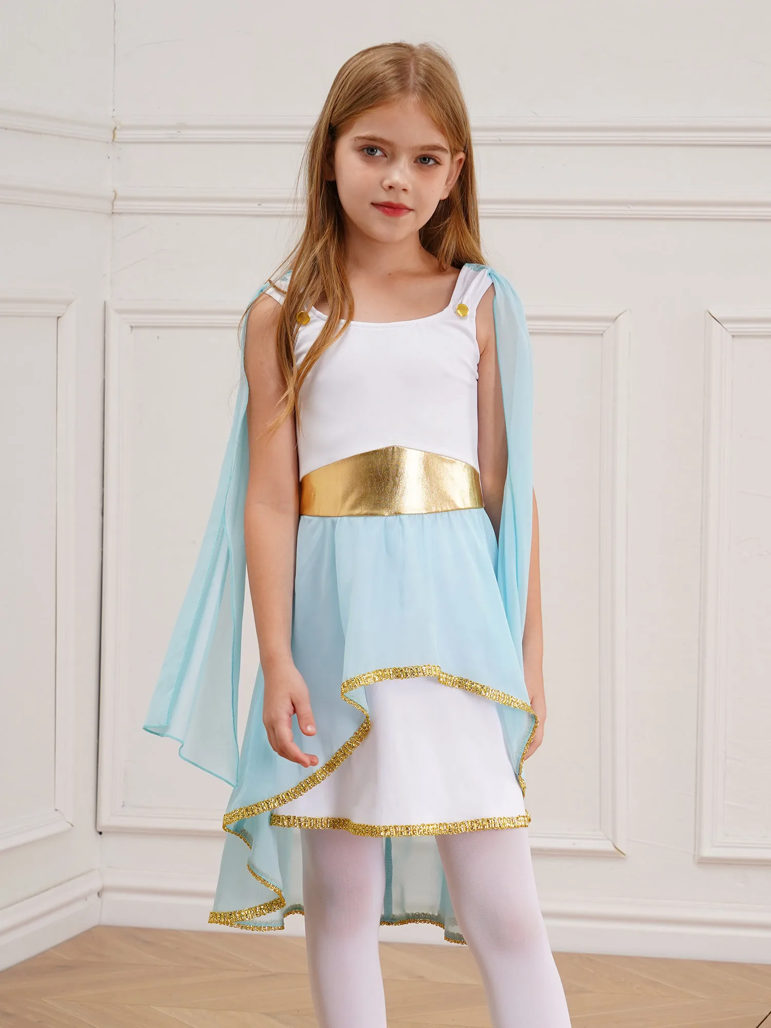 Kids Girls Roman Ancient Greek Godess Toga Costume Athena Cosplay Princess Robe Dress with Flowy Tulle Shawls Headwear Outfits