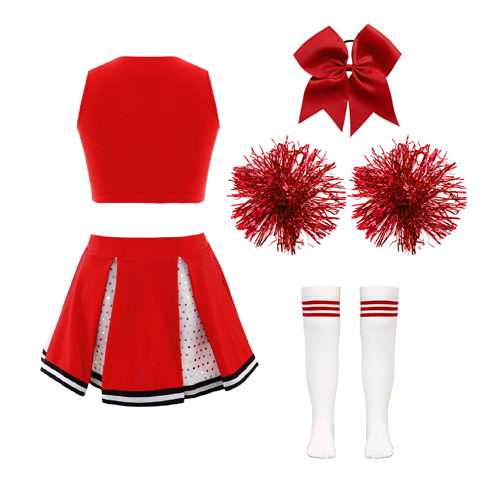 Kids Girls Cheerleader Costume Outfit Sequins Crop Top Pleated Skirt with Headwear Striped Socks School Cheerleader Uniform Suit