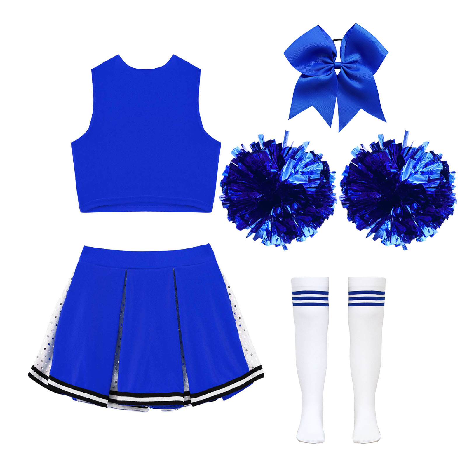 Kids Girls Cheerleader Costume Outfit Sequins Crop Top Pleated Skirt with Headwear Striped Socks School Cheerleader Uniform Suit