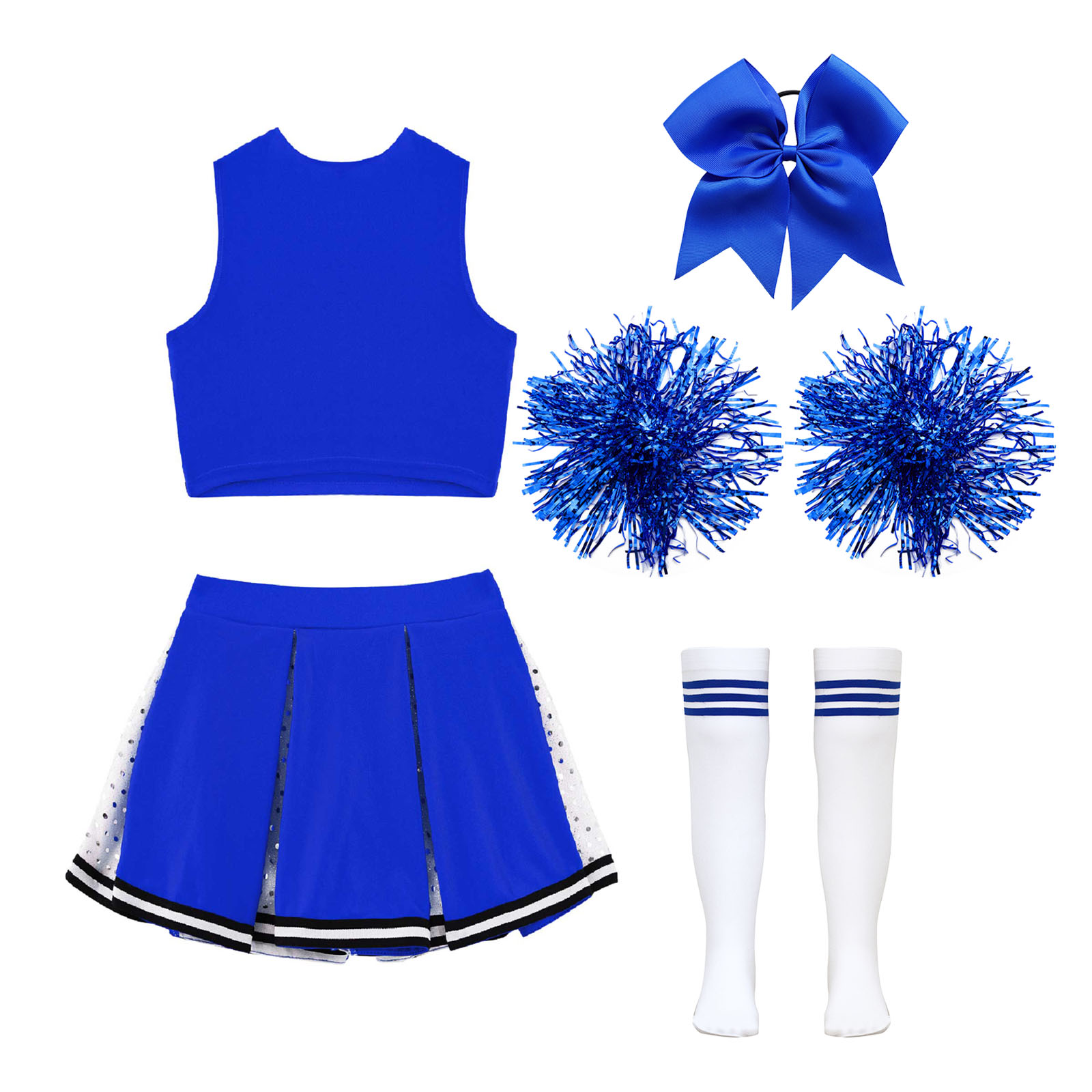 Kids Girls Cheerleader Costume Outfit Sequins Crop Top Pleated Skirt with Headwear Striped Socks School Cheerleader Uniform Suit