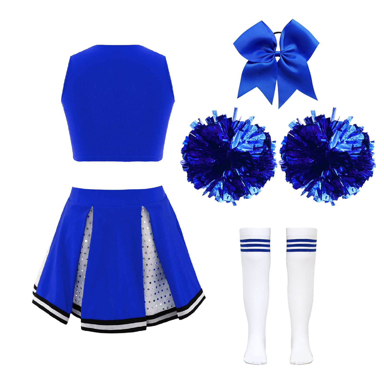Kids Girls Cheerleader Costume Outfit Sequins Crop Top Pleated Skirt with Headwear Striped Socks School Cheerleader Uniform Suit