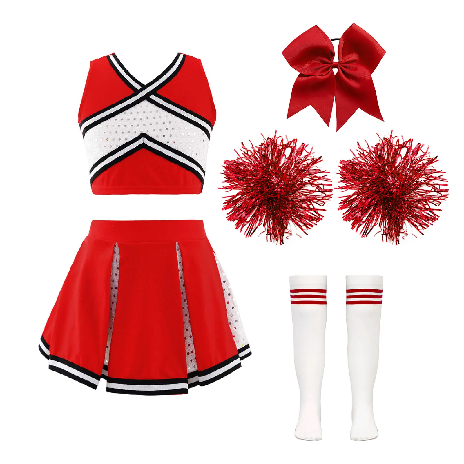 Kids Girls Cheerleader Costume Outfit Sequins Crop Top Pleated Skirt with Headwear Striped Socks School Cheerleader Uniform Suit