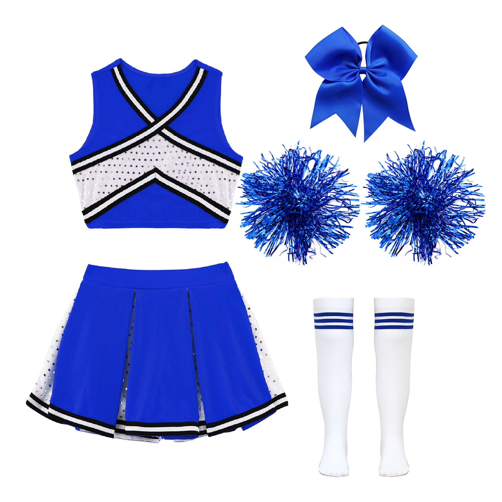 Kids Girls Cheerleader Costume Outfit Sequins Crop Top Pleated Skirt with Headwear Striped Socks School Cheerleader Uniform Suit