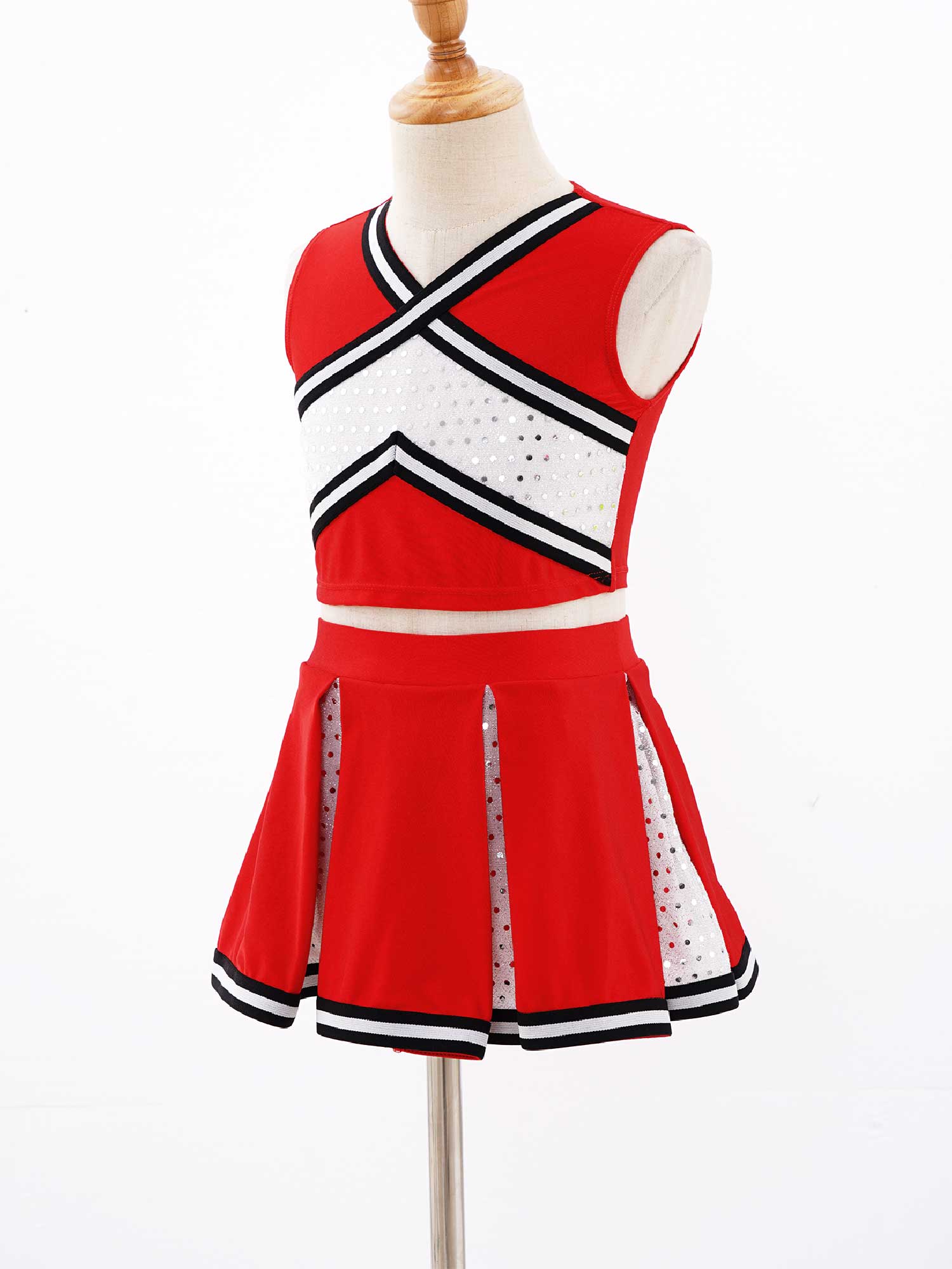 Kids Girls Cheerleader Costume Outfit Sequins Crop Top Pleated Skirt with Headwear Striped Socks School Cheerleader Uniform Suit