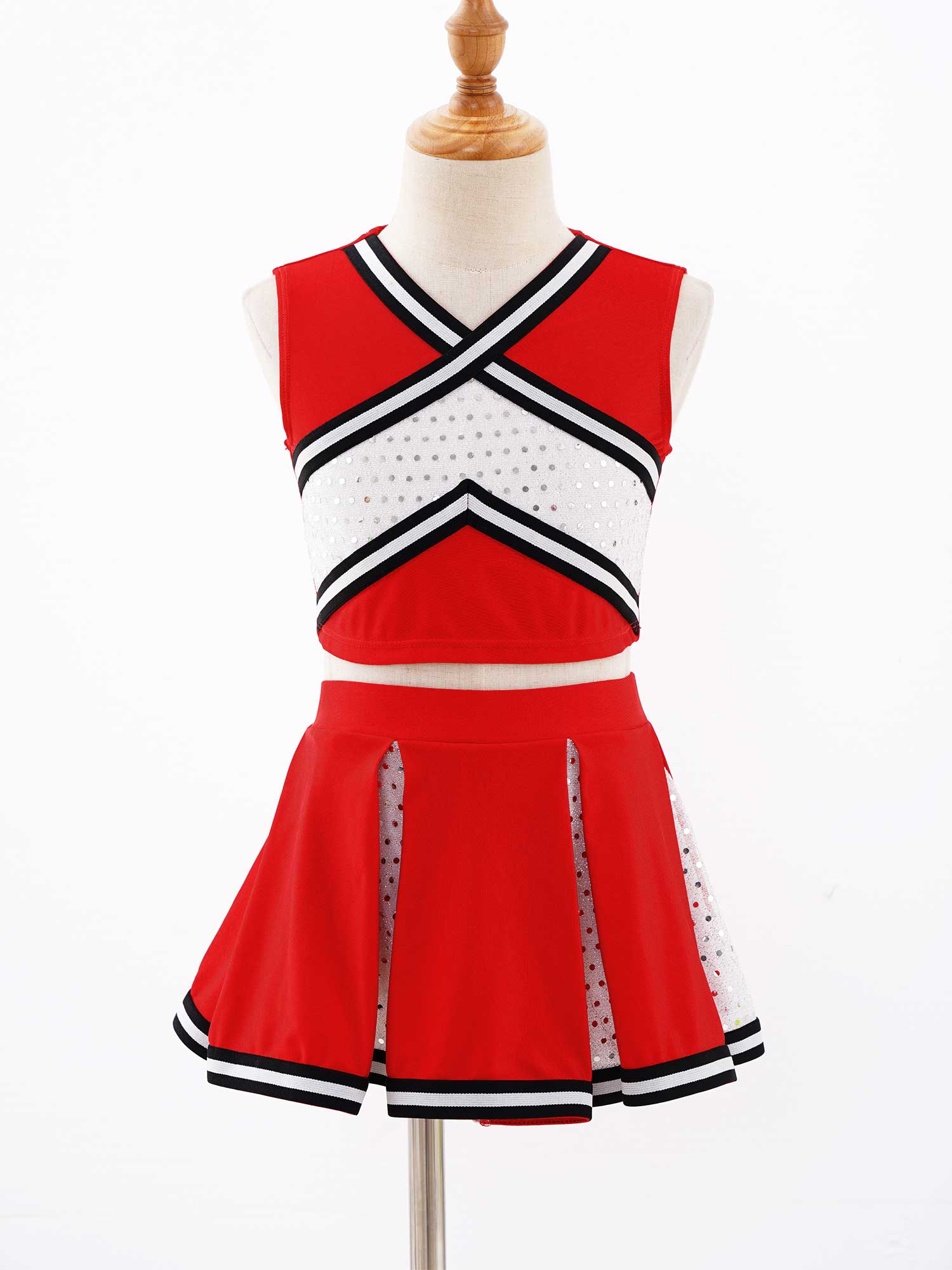 Kids Girls Cheerleader Costume Outfit Sequins Crop Top Pleated Skirt with Headwear Striped Socks School Cheerleader Uniform Suit