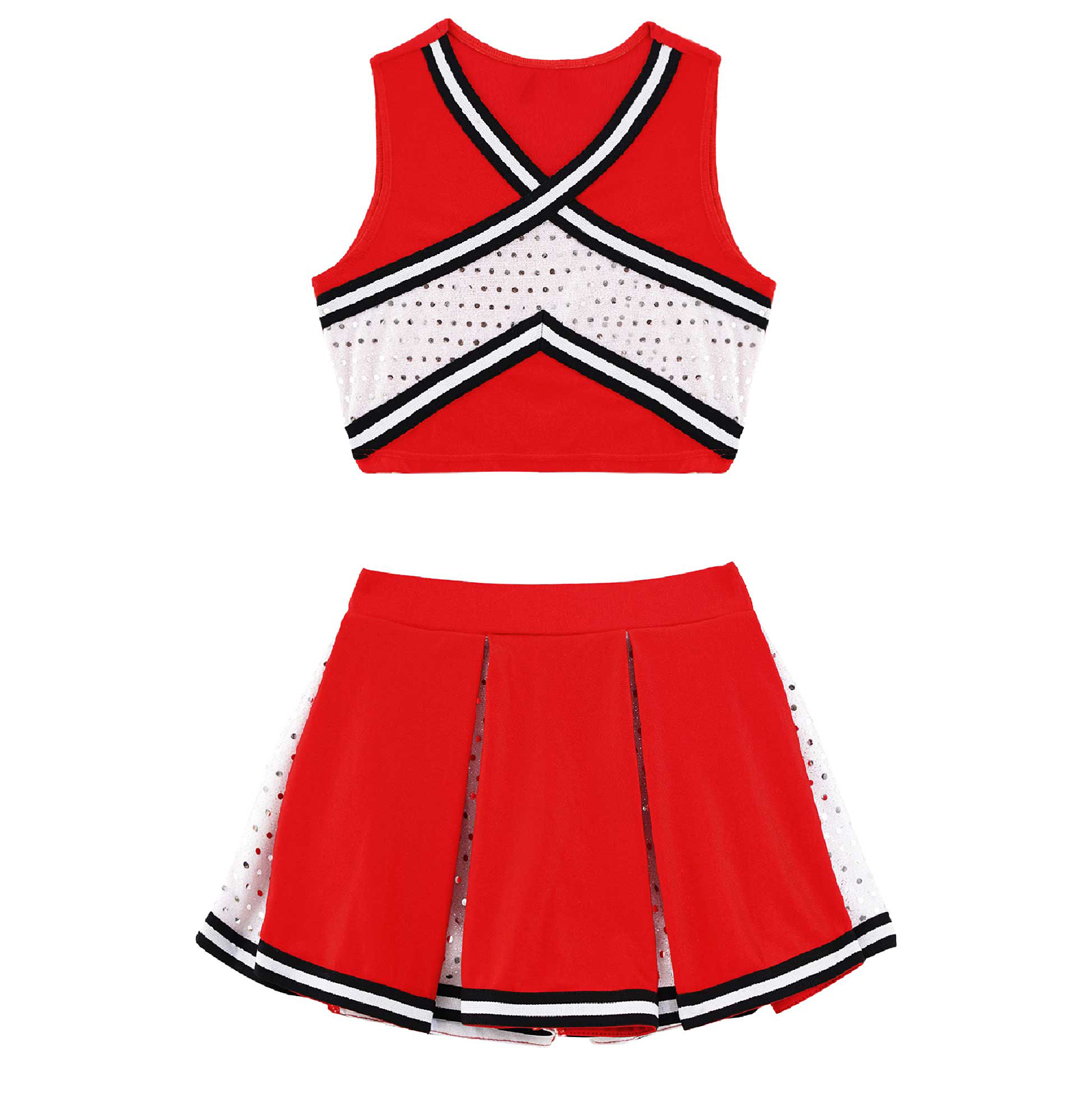 Kids Girls Cheerleader Costume Outfit Sequins Crop Top Pleated Skirt with Headwear Striped Socks School Cheerleader Uniform Suit