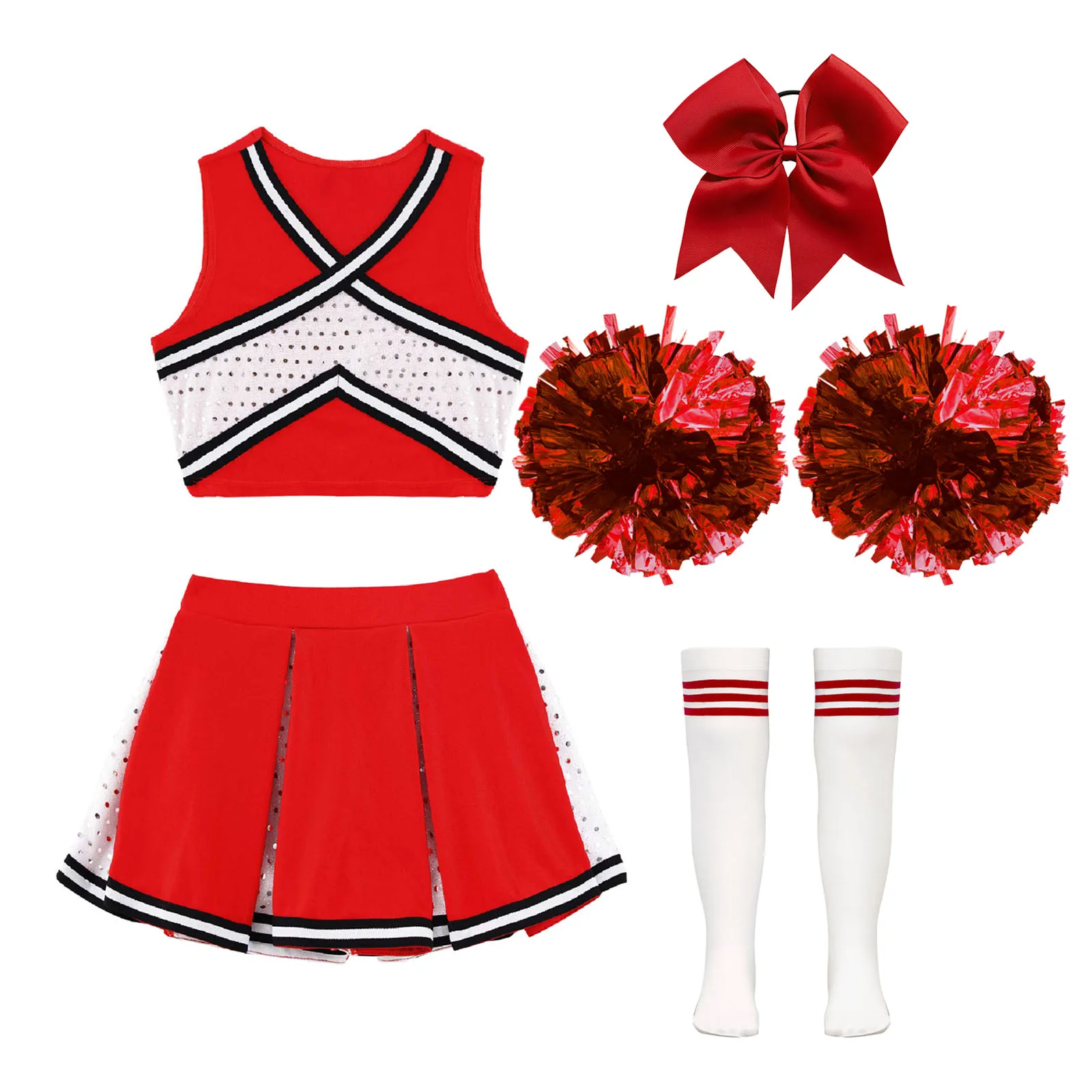 Kids Girls Cheerleader Costume Outfit Sequins Crop Top Pleated Skirt with Headwear Striped Socks School Cheerleader Uniform Suit