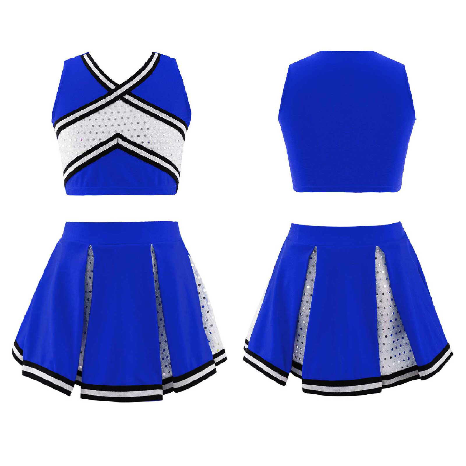 Kids Girls Cheerleader Costume Outfit Sequins Crop Top Pleated Skirt with Headwear Striped Socks School Cheerleader Uniform Suit
