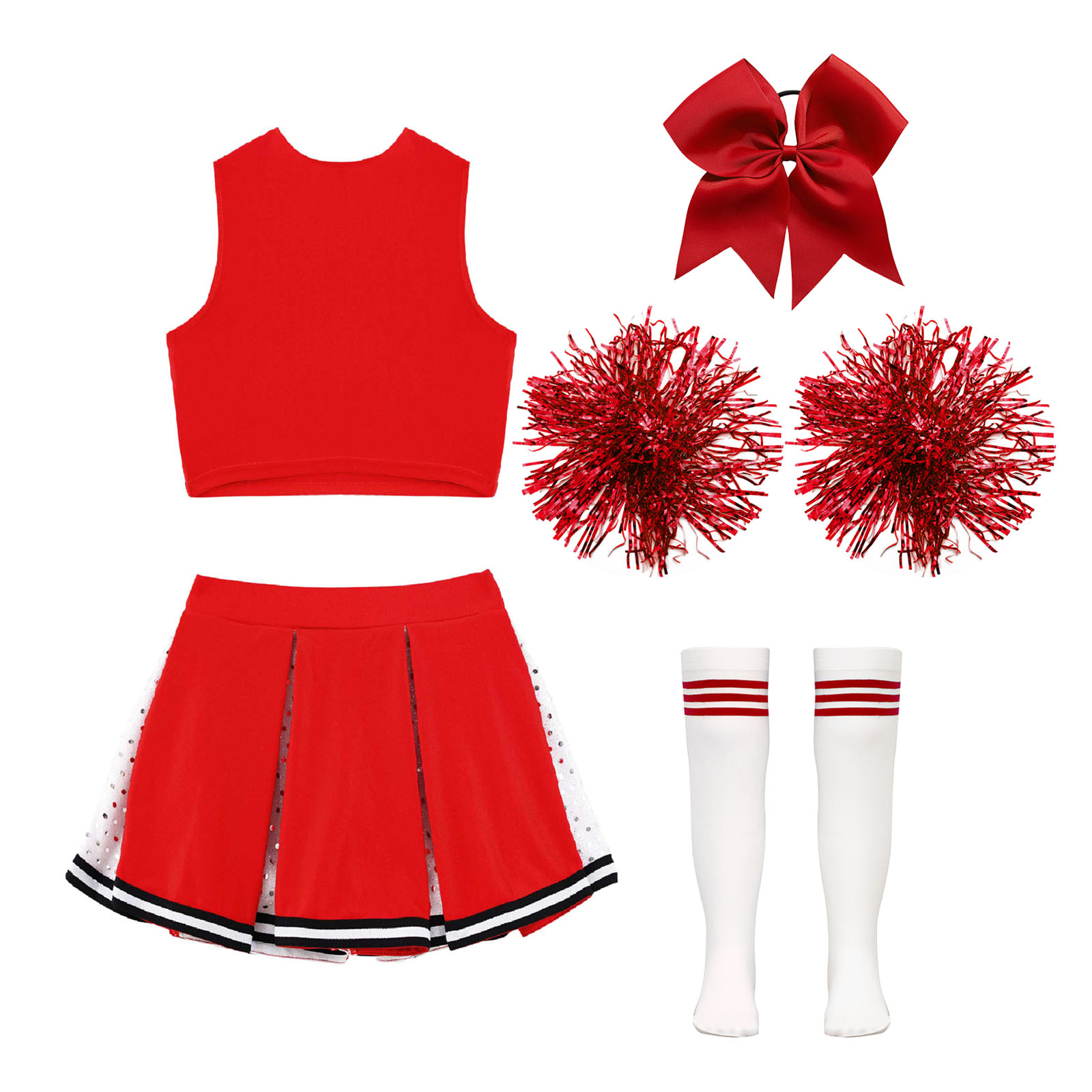 Kids Girls Cheerleader Costume Outfit Sequins Crop Top Pleated Skirt with Headwear Striped Socks School Cheerleader Uniform Suit