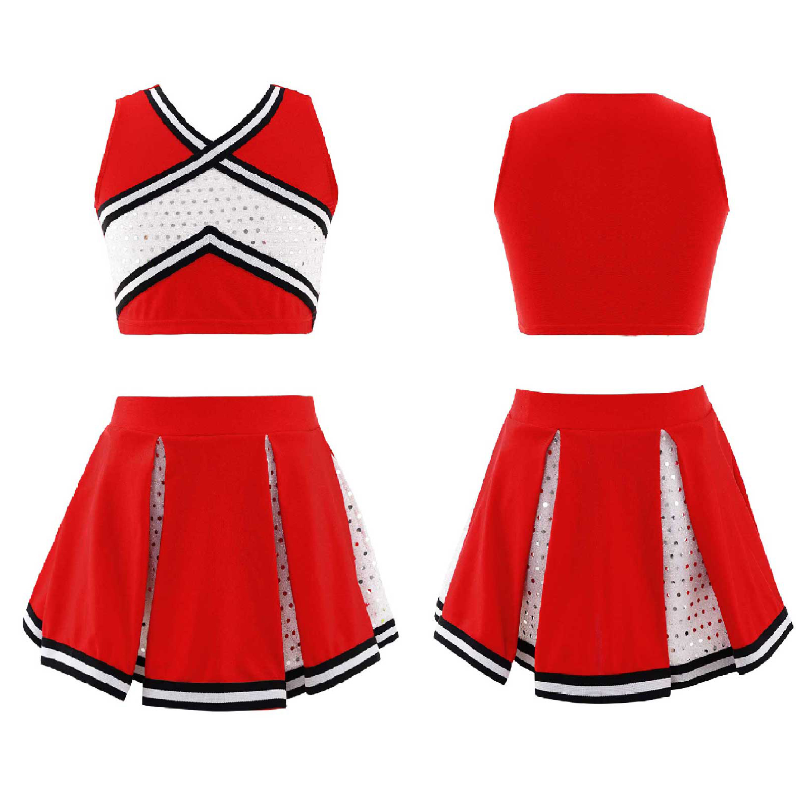 Kids Girls Cheerleader Costume Outfit Sequins Crop Top Pleated Skirt with Headwear Striped Socks School Cheerleader Uniform Suit