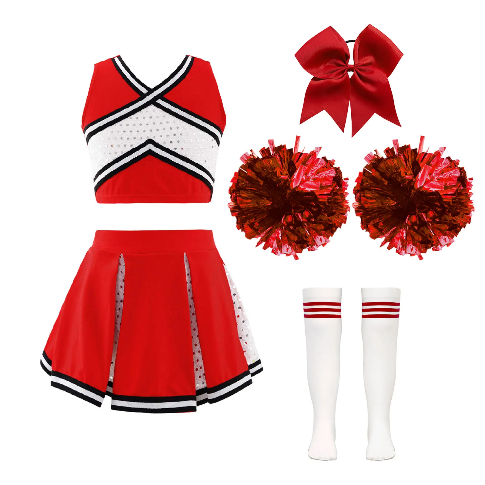 Kids Girls Cheerleader Costume Outfit Sequins Crop Top Pleated Skirt with Headwear Striped Socks School Cheerleader Uniform Suit