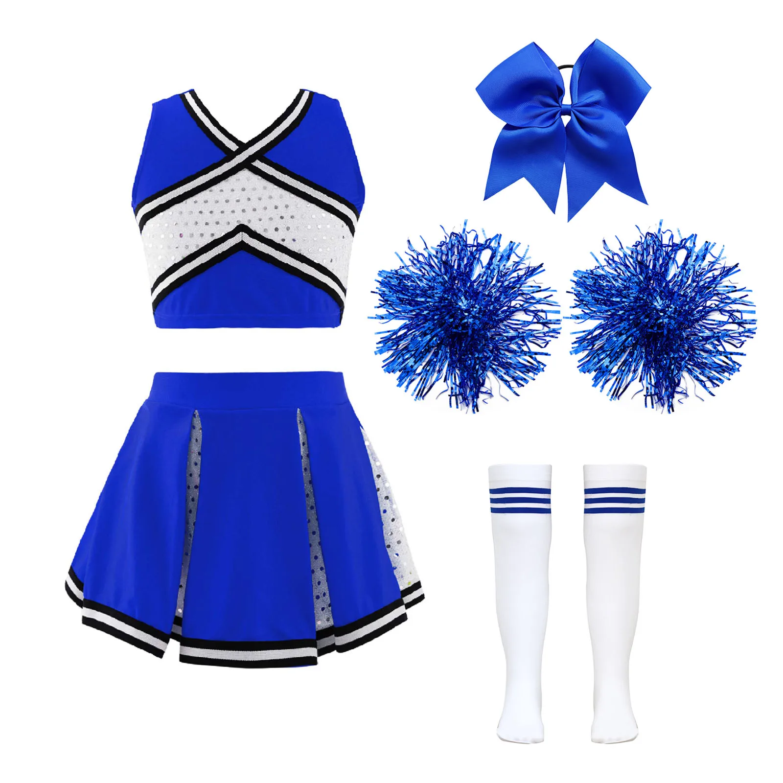 Kids Girls Cheerleader Costume Outfit Sequins Crop Top Pleated Skirt with Headwear Striped Socks School Cheerleader Uniform Suit