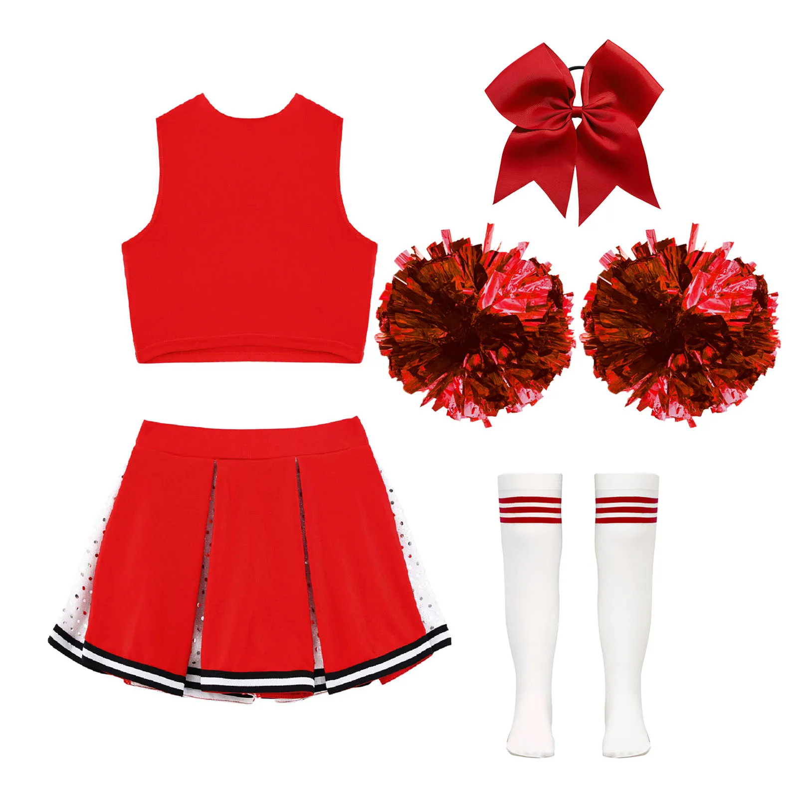 Kids Girls Cheerleader Costume Outfit Sequins Crop Top Pleated Skirt with Headwear Striped Socks School Cheerleader Uniform Suit