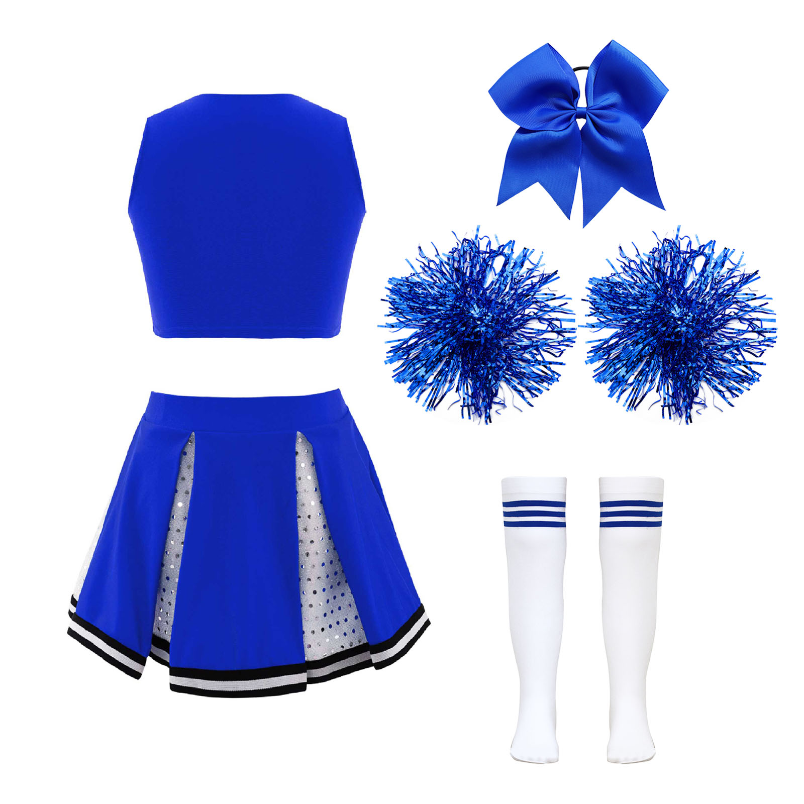 Kids Girls Cheerleader Costume Outfit Sequins Crop Top Pleated Skirt with Headwear Striped Socks School Cheerleader Uniform Suit