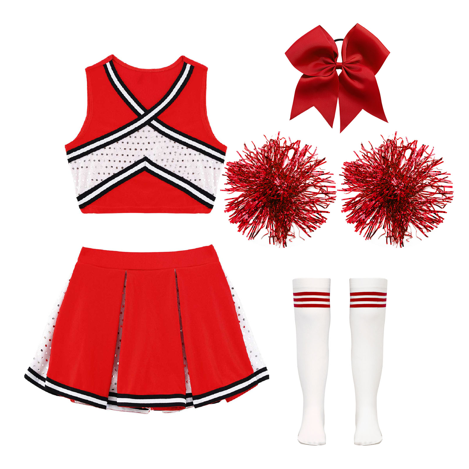 Kids Girls Cheerleader Costume Outfit Sequins Crop Top Pleated Skirt with Headwear Striped Socks School Cheerleader Uniform Suit