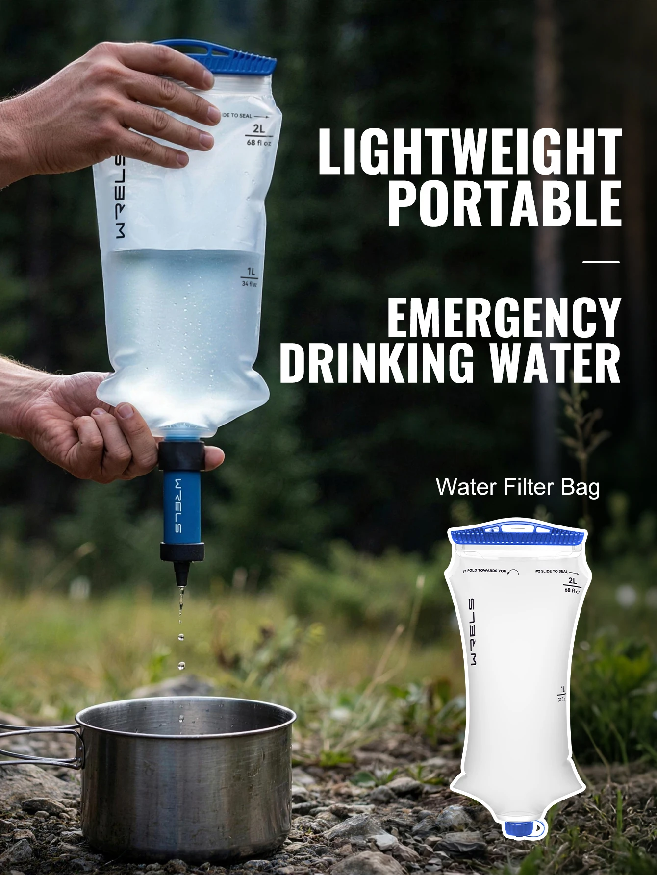 WRELS Water Collection Filtration Bag for Water Filtration System Survival Water Filter Straw Foldable BPA-Free Filtration Bag
