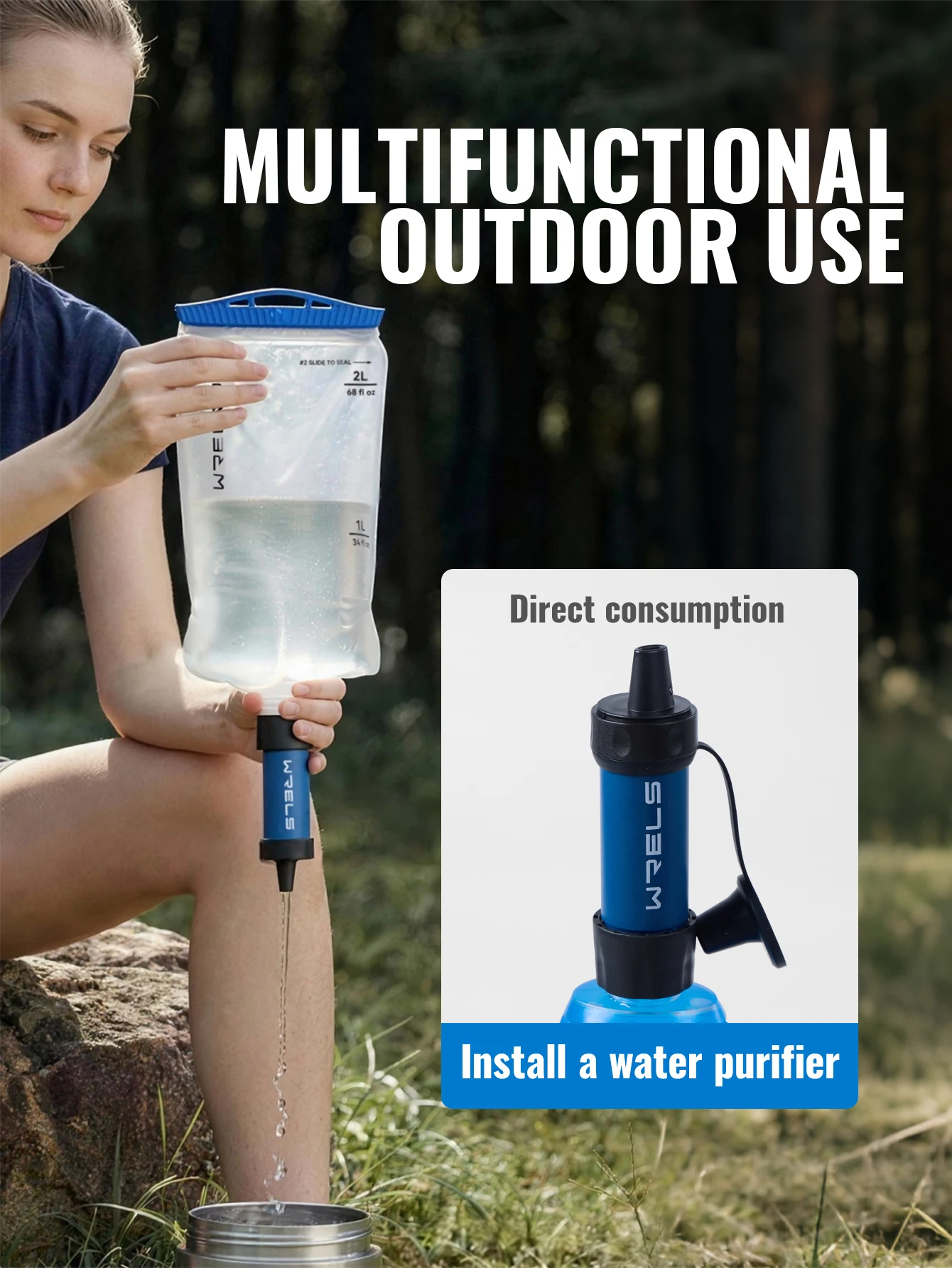 WRELS Water Collection Filtration Bag for Water Filtration System Survival Water Filter Straw Foldable BPA-Free Filtration Bag