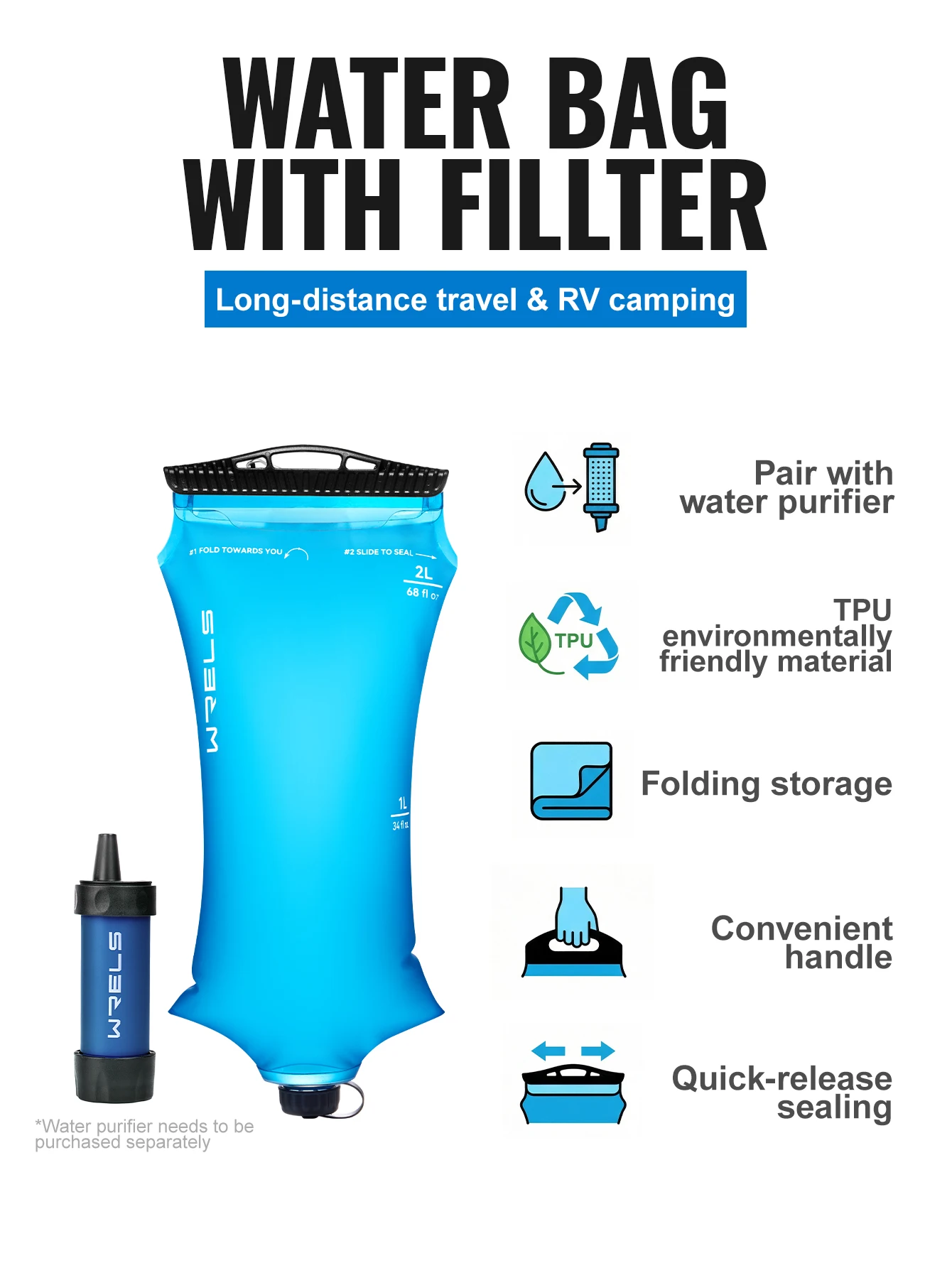 WRELS Water Collection Filtration Bag for Water Filtration System Survival Water Filter Straw Foldable BPA-Free Filtration Bag