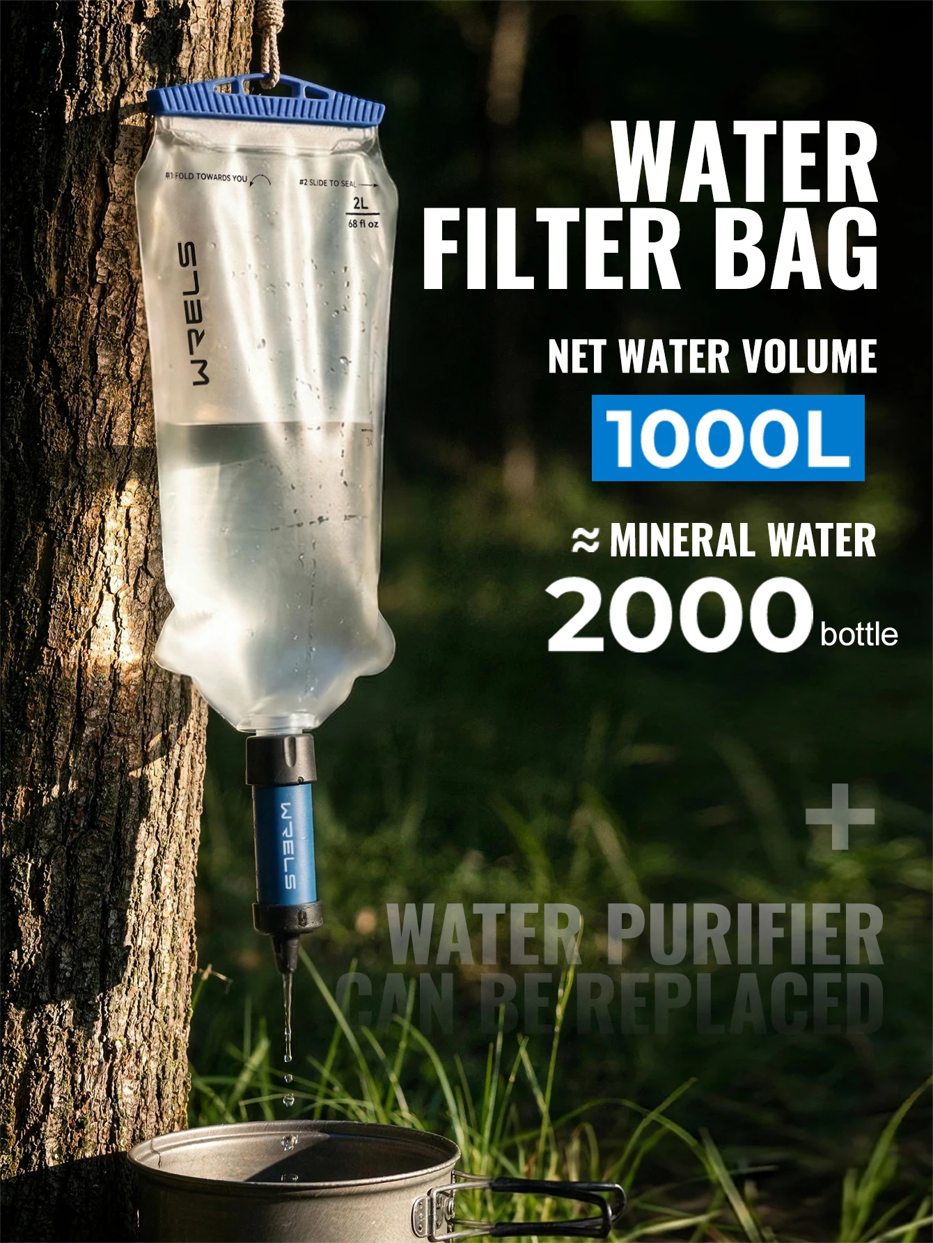 WRELS Water Collection Filtration Bag for Water Filtration System Survival Water Filter Straw Foldable BPA-Free Filtration Bag