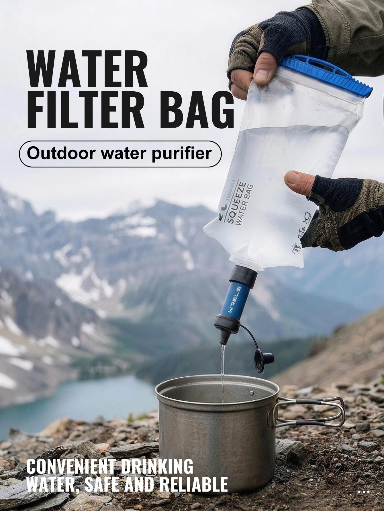 WRELS Water Collection Filtration Bag for Water Filtration System Survival Water Filter Straw Foldable BPA-Free Filtration Bag