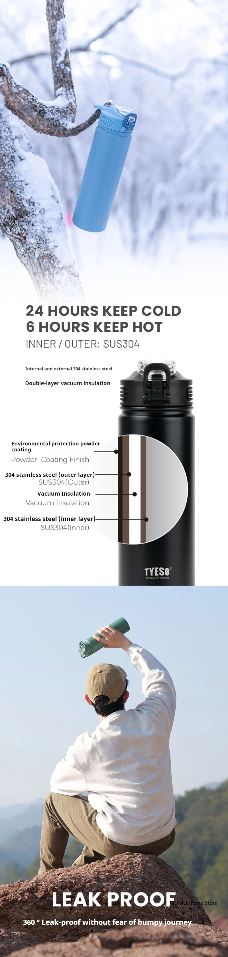 TYESO 600/750ML Thermos Bottle With Straw Stainless Steel Car Thermal Cup Sports Water Bottles Keeps Cold and Heat Thermal Mug