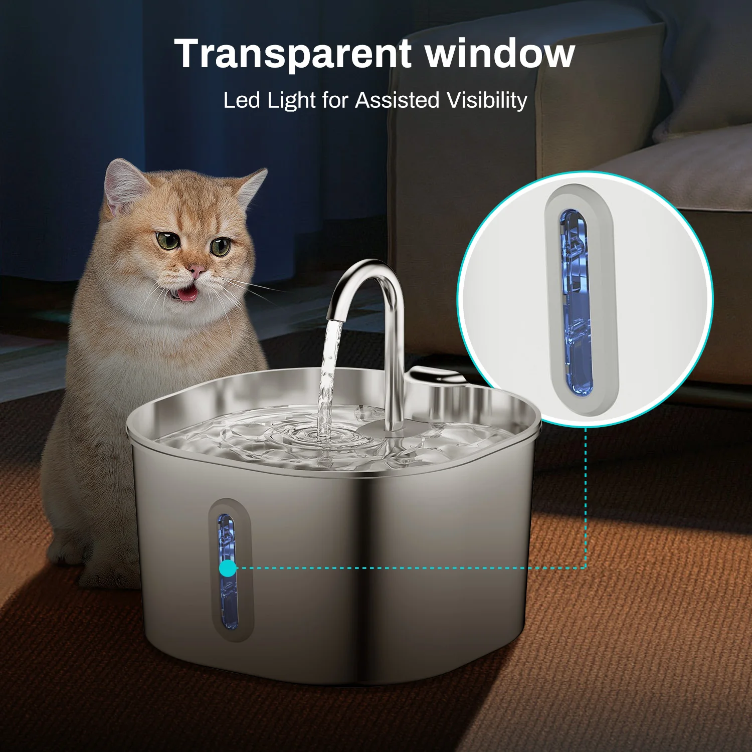 ZYfeeder 2.2L Stainless steel pet water fountain, artesian water fountain for cats, ultra-quiet water pump with filter