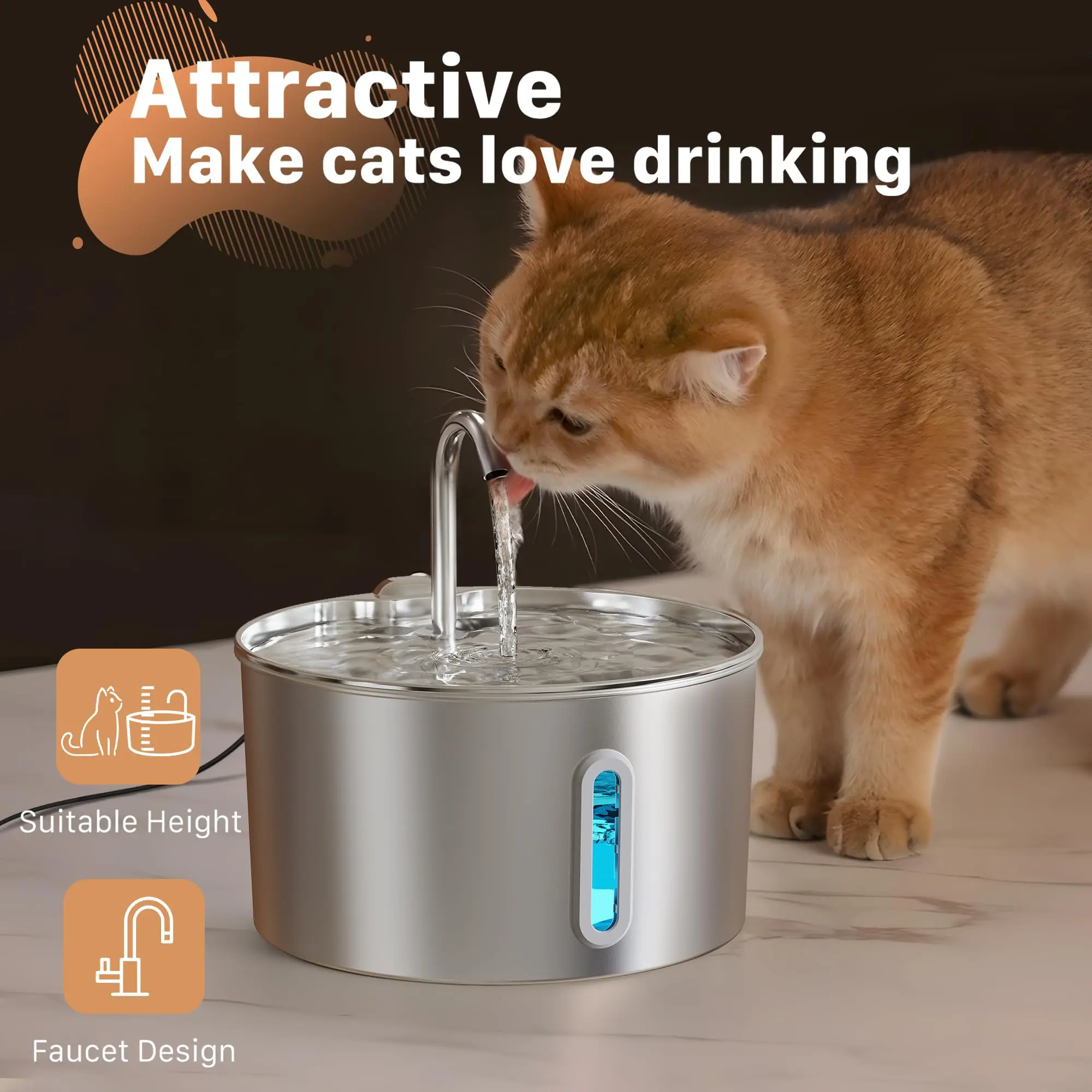 ZYfeeder 2.2L Stainless steel pet water fountain, artesian water fountain for cats, ultra-quiet water pump with filter