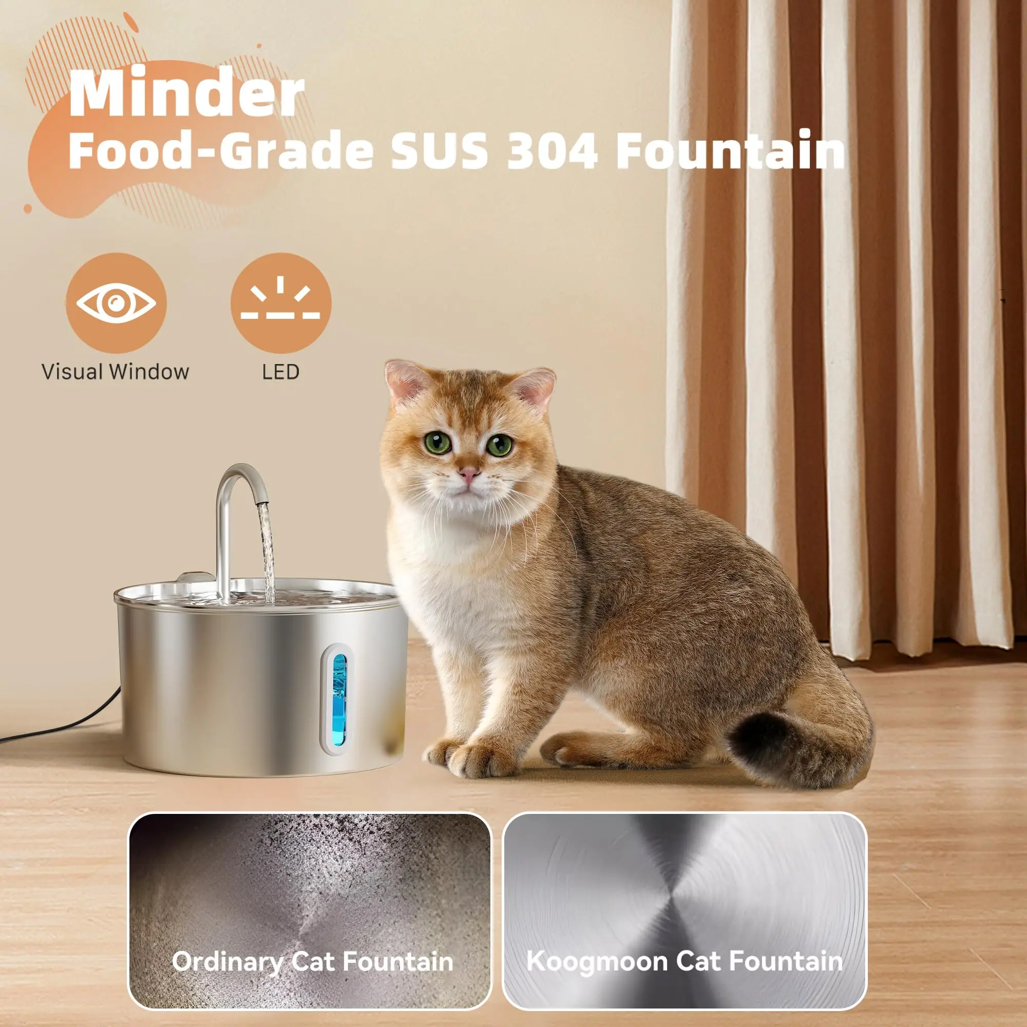 ZYfeeder 2.2L Stainless steel pet water fountain, artesian water fountain for cats, ultra-quiet water pump with filter