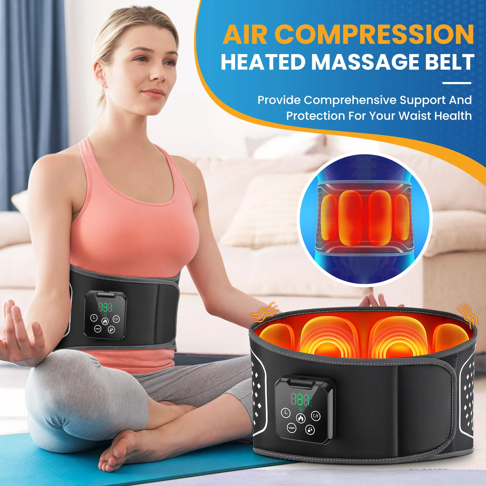 Smart Air Pressure Heating Massage Waist Belt,Cordless Airbag Squeeze Support,Vibration Massager,Lumbar Back Brace,Muscle Relax