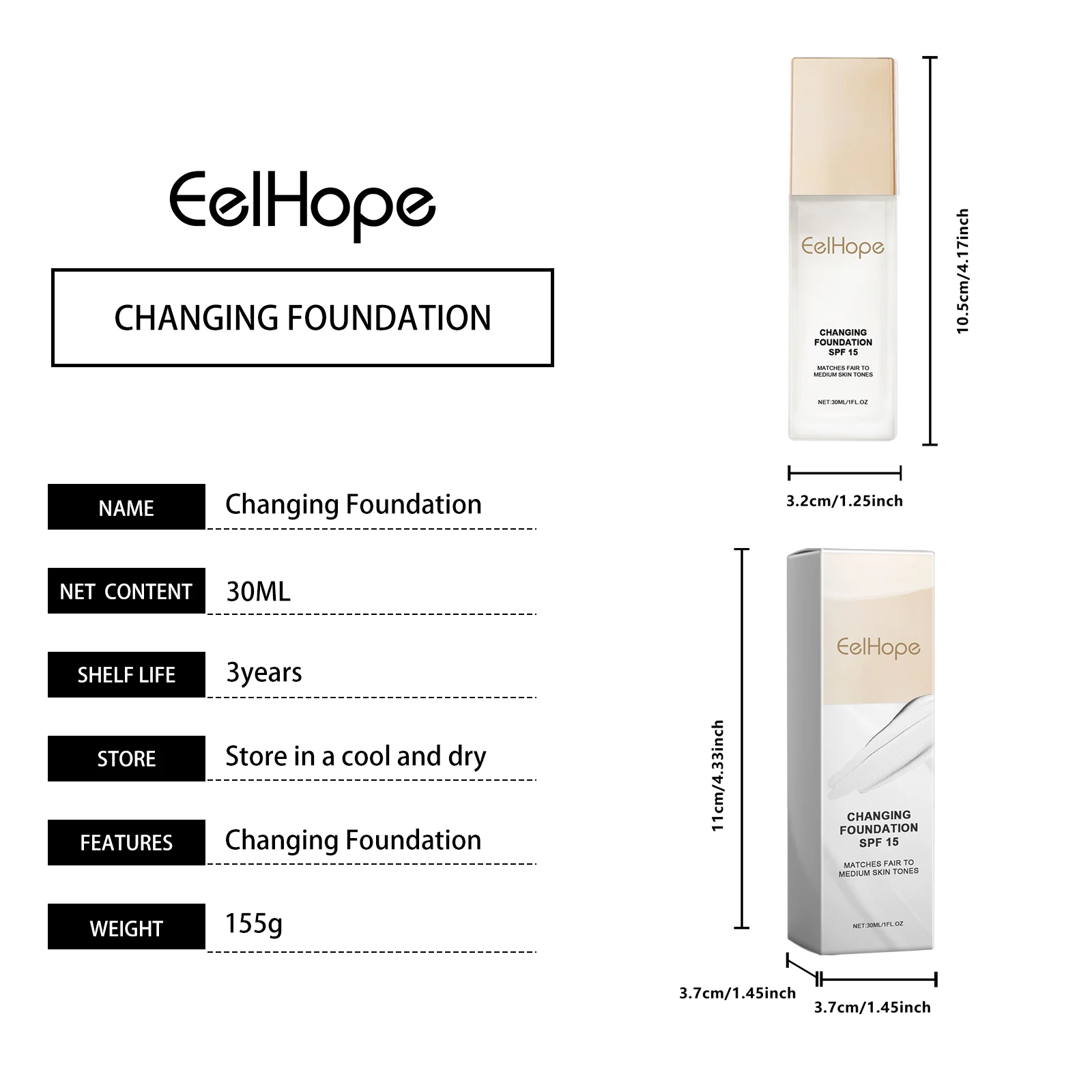 Color Changing Foundation SPF15 30ml Hydrating Long Lasting High Coverage Natural Finish Lightweight Face Makeup All Skin Types