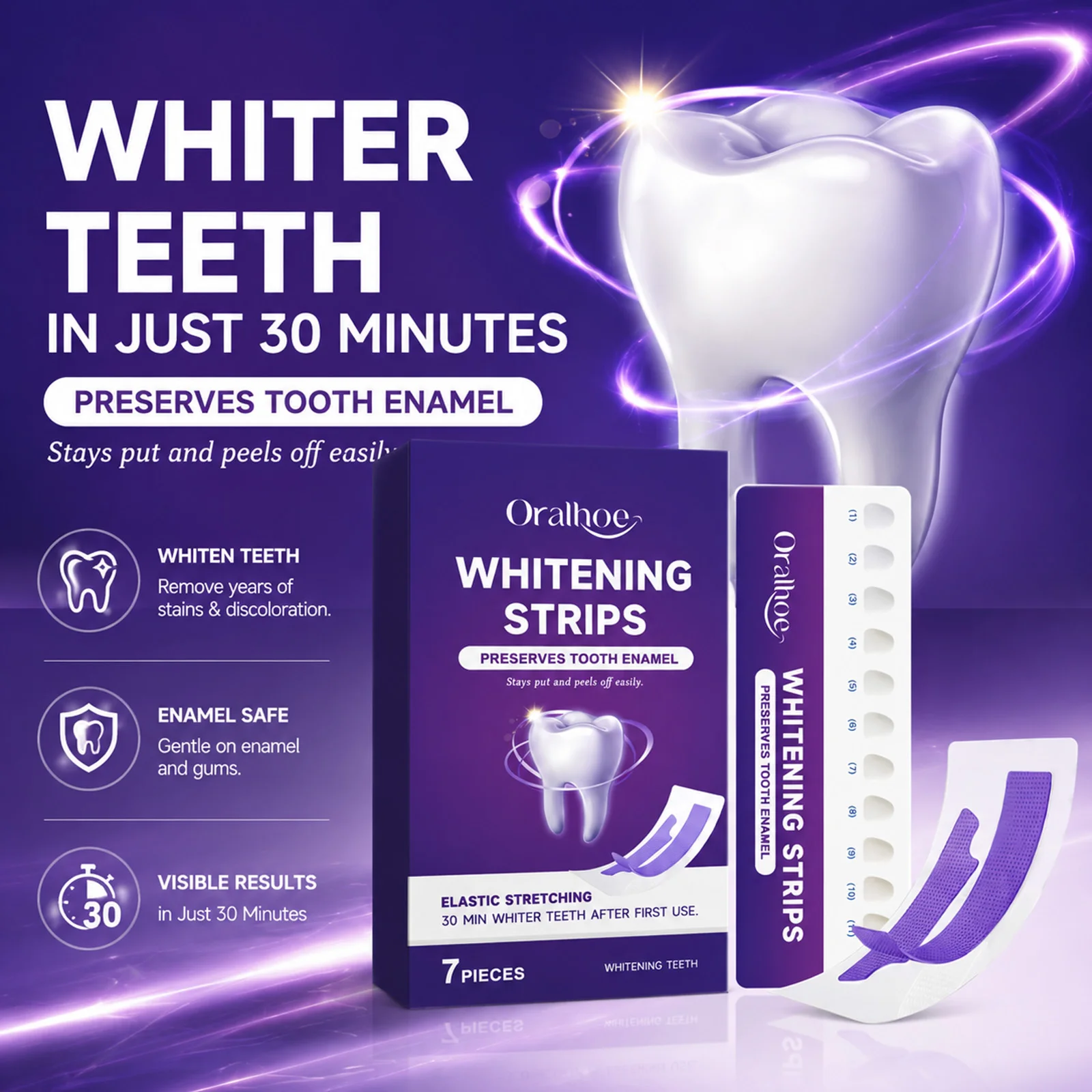 Purple Teeth Whitening Strips 30 Minutes Oral Cleaning Removal Gel Improve Dental Yellowing Oral Care, for With Shade