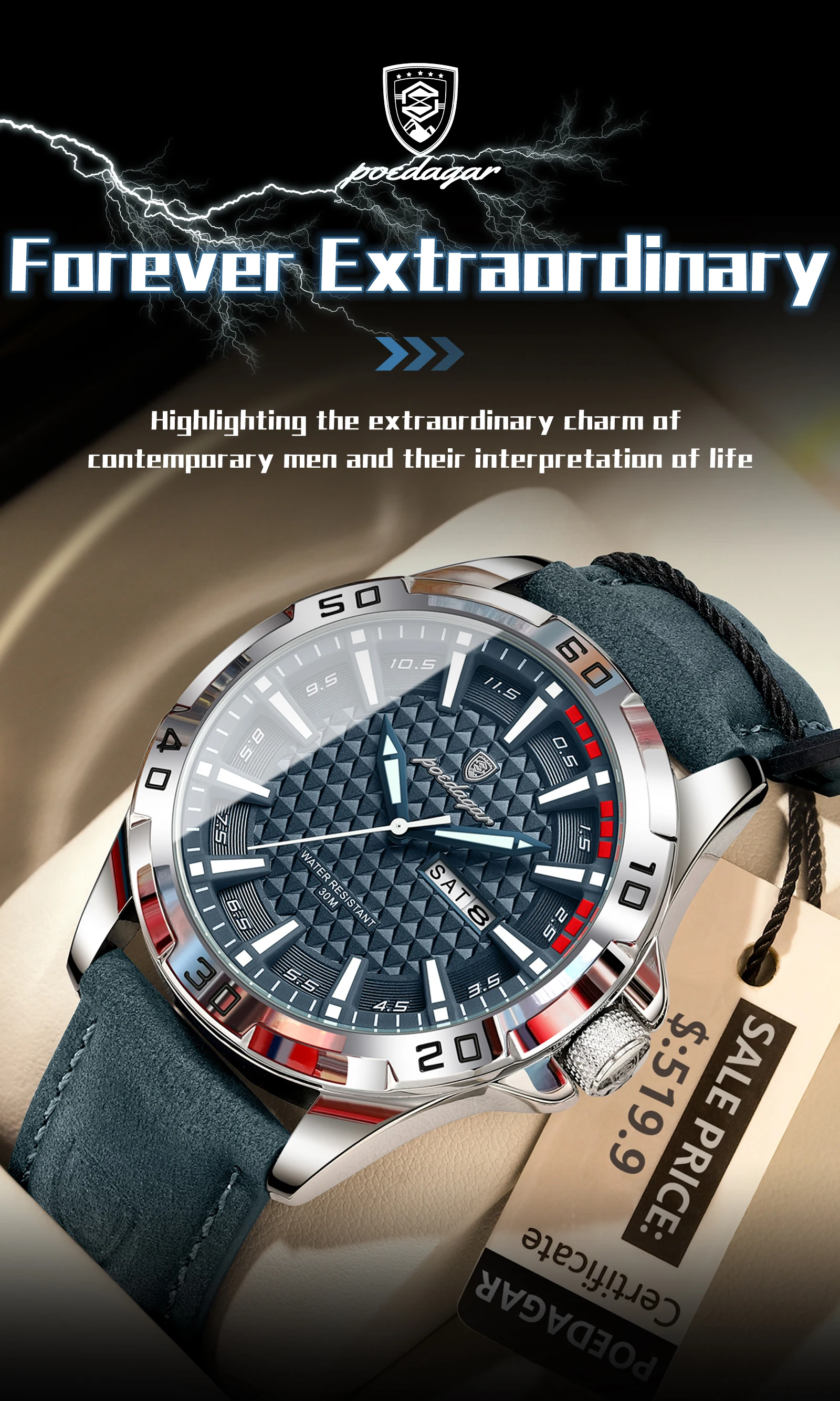 POEDAGAR Original Man Wristwatch Top Luxury Waterproof Luminous Date Week Watch For Men Quartz Sport Leather Men's Watches Reloj